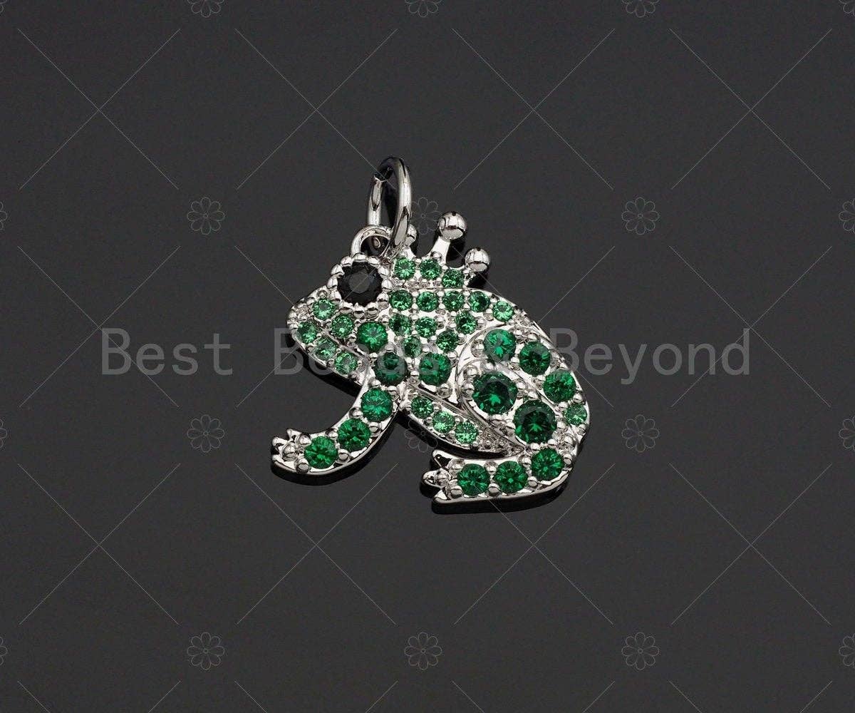 Green CZ frog pendant charm, 15mm silver/gold/rose gold tone, cubic zirconia pave, animal jewelry accessory.