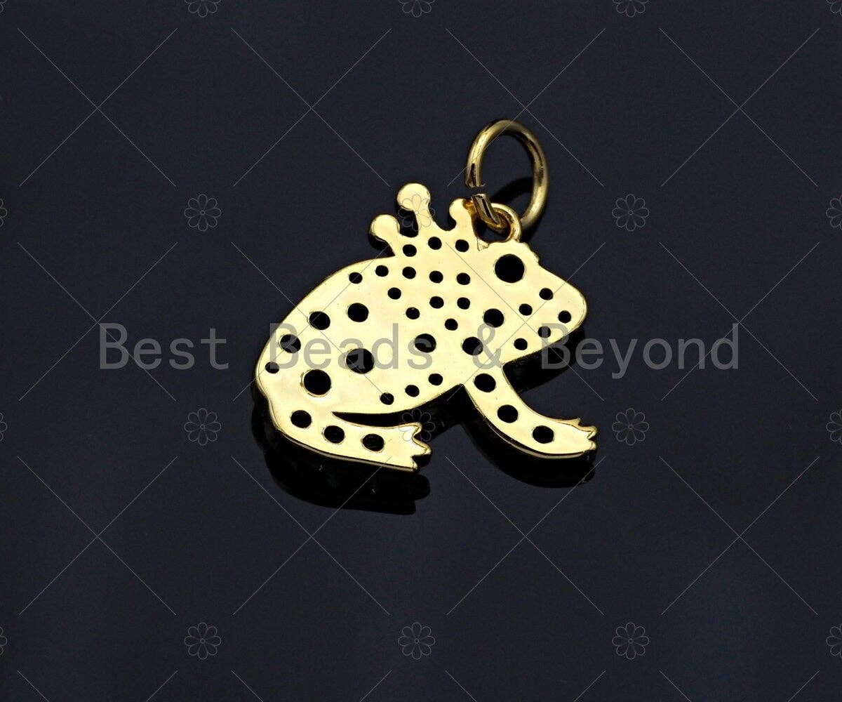 Green CZ micro pave frog pendant, 15mm animal charm in silver, gold, or rose gold tone with cubic zirconia accents.