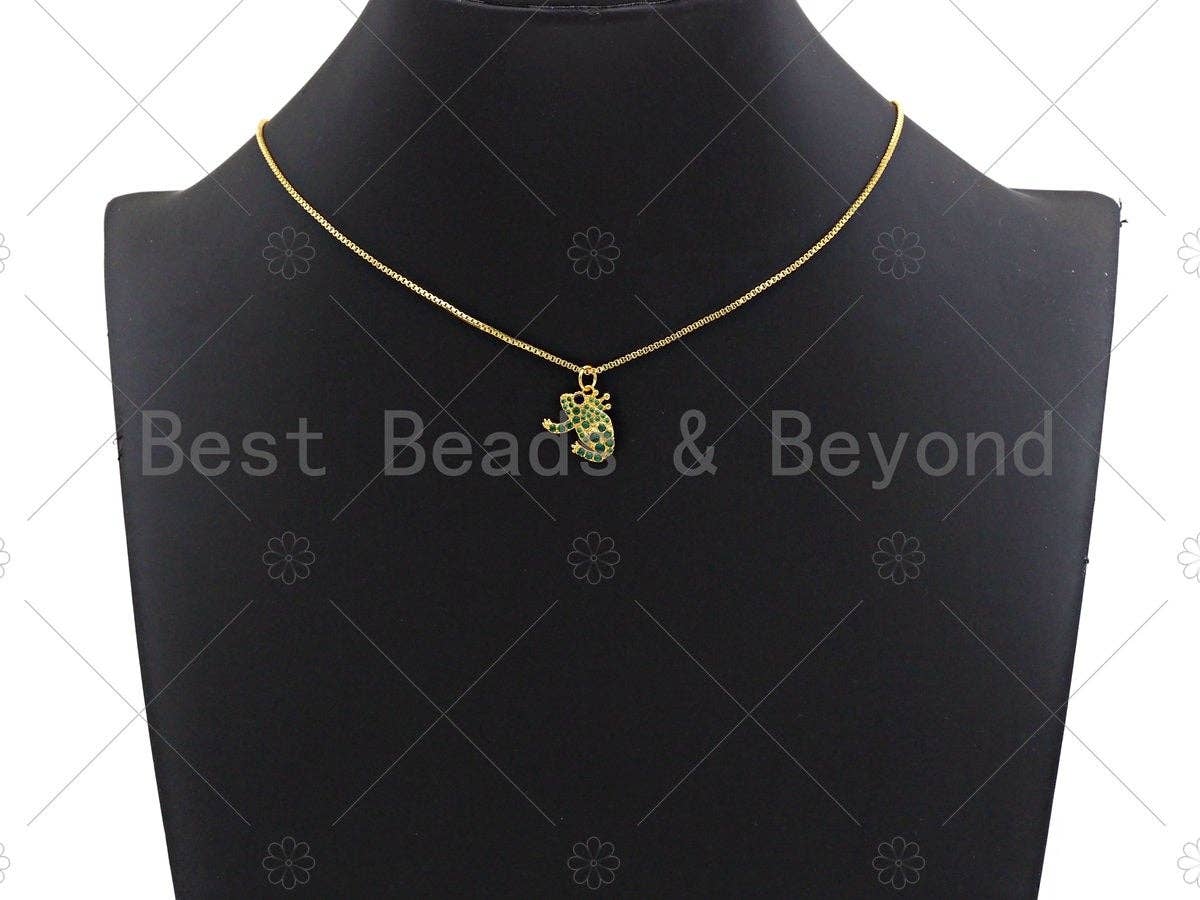 Green CZ micro pave frog pendant charm in silver, gold, or rose gold tone, 15mm, featuring cubic zirconia details.