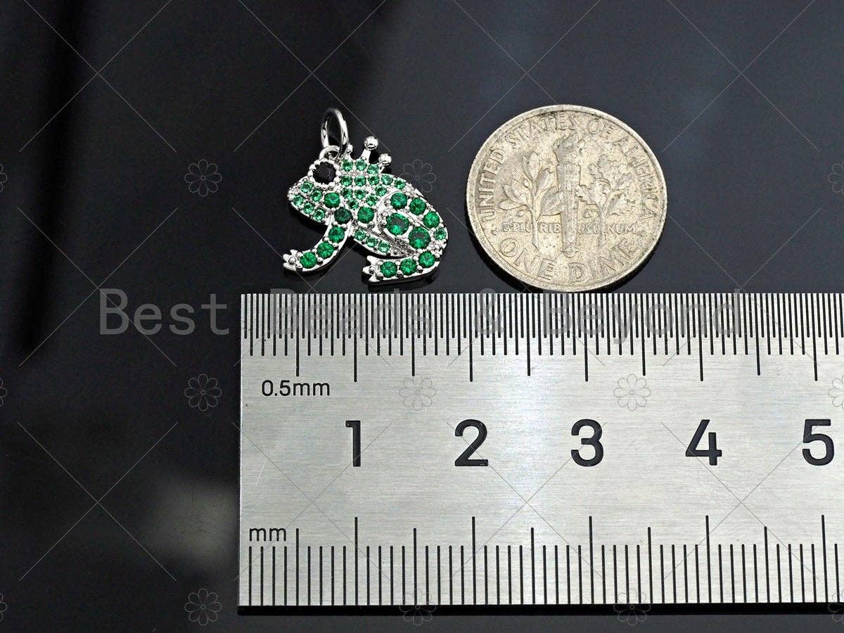 Green cubic zirconia frog pendant charm, 15mm in gold, silver, or rose gold tone, animal jewelry accessory.