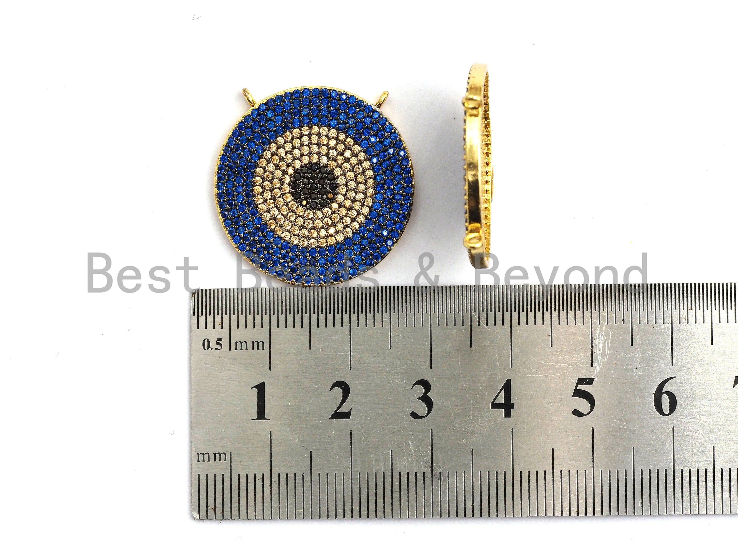 Colorful CZ micro pave evil eye round pendant in green, turquoise, cobalt, fuchsia, and violet, 25mm charm by Bestbeads&Beyond.