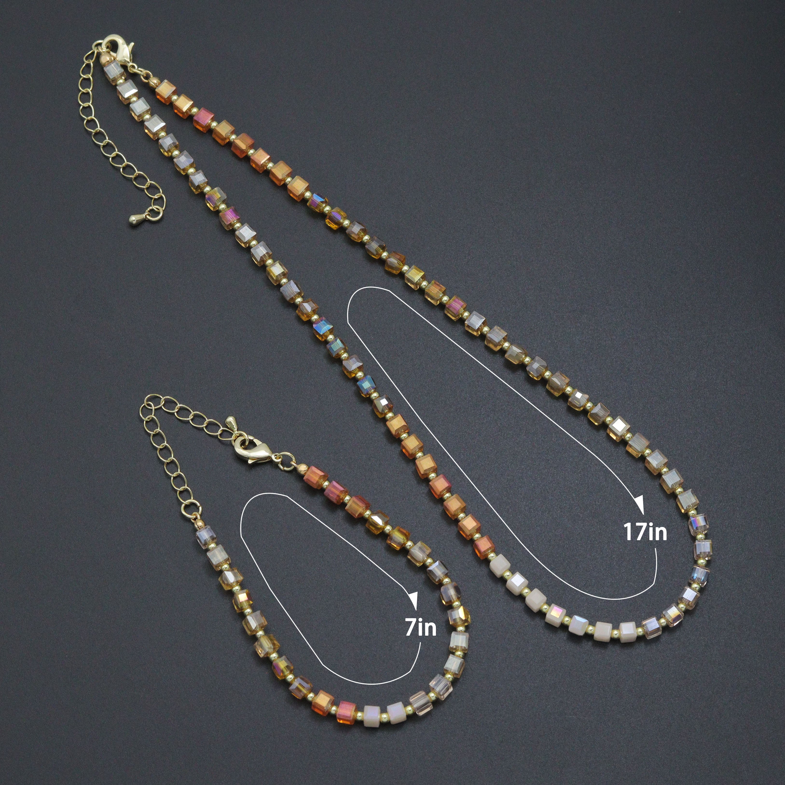 Champagne color cube beads jewelry set featuring matching necklace and bracelet by Bestbeads&Beyond, SKU EF798.