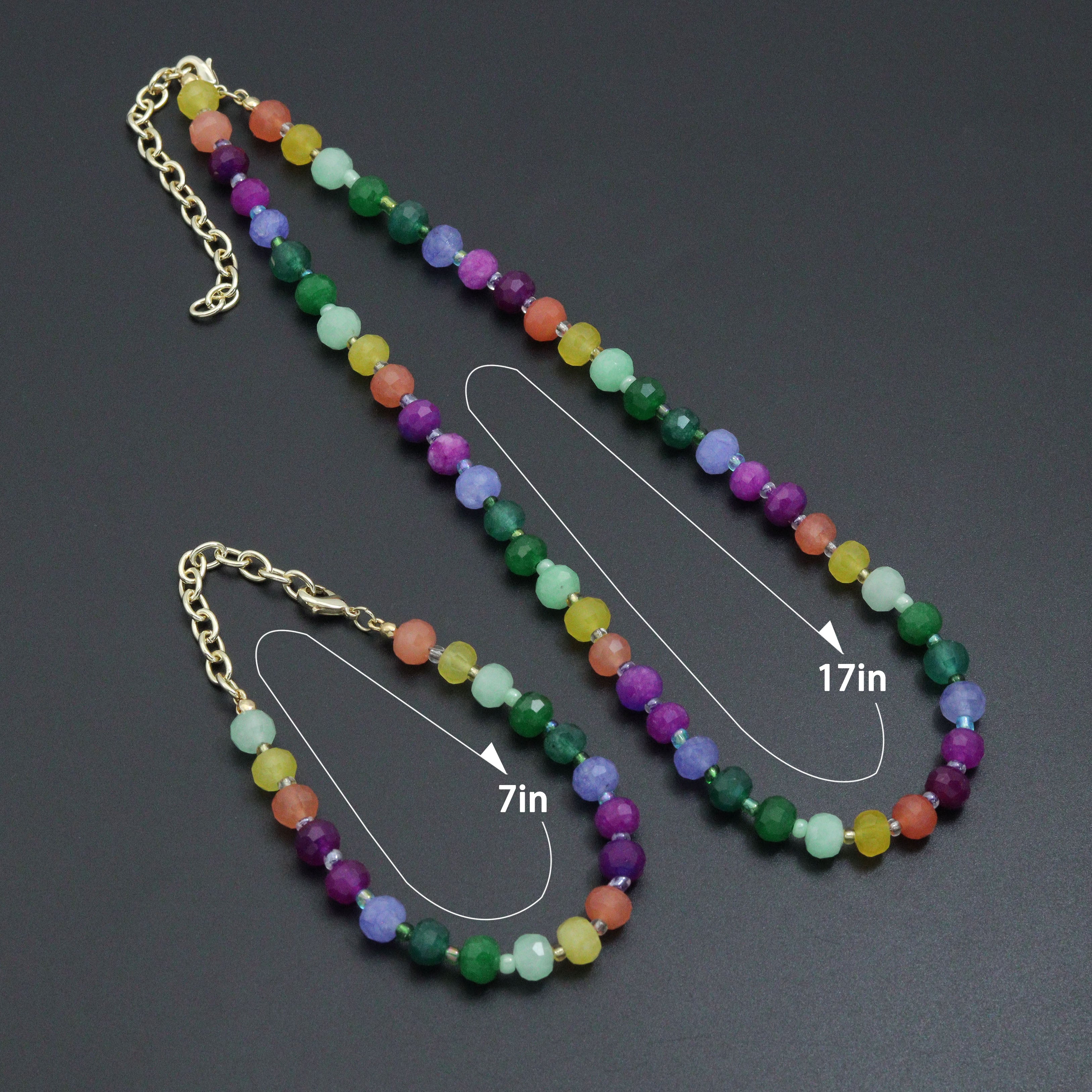 Colorful jade beads jewelry set featuring an adjustable necklace and bracelet by Bestbeads&Beyond, with vibrant, natural stone details.