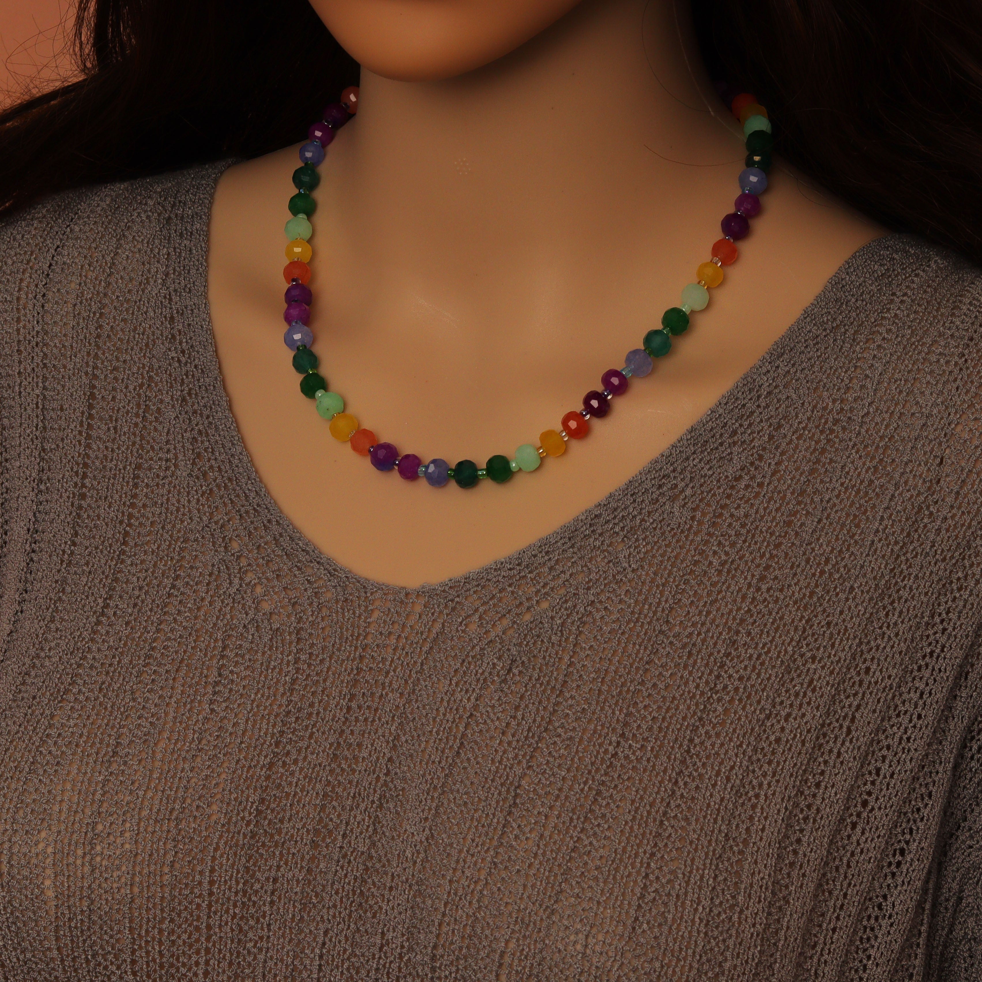 Colorful jade beads jewelry set including an adjustable necklace and bracelet by Bestbeads&Beyond, featuring vibrant multi-colored jade.