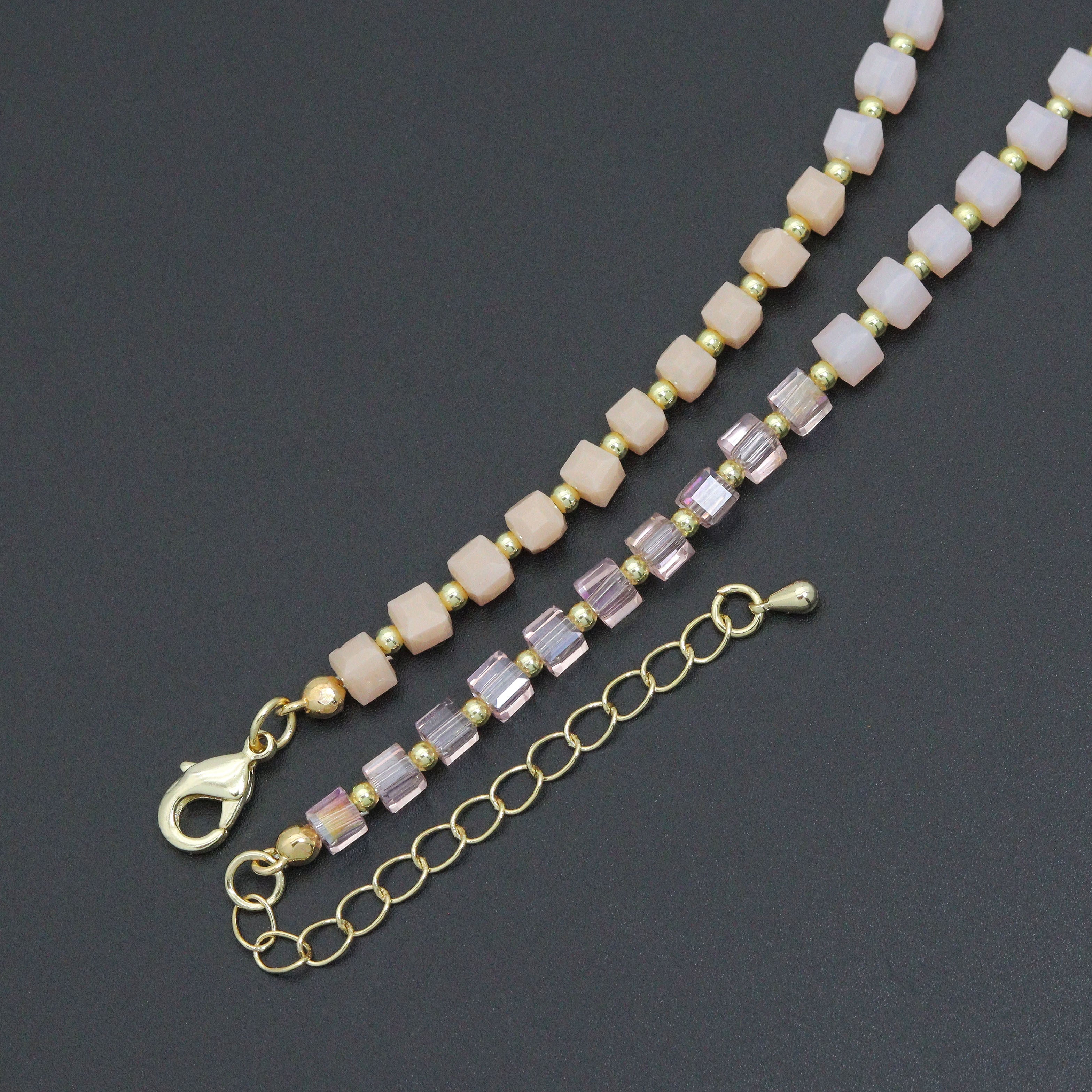 Bestbeads & Beyond ombré pink champagne cube beads jewelry set with matching necklace and bracelet, SKU EF799.