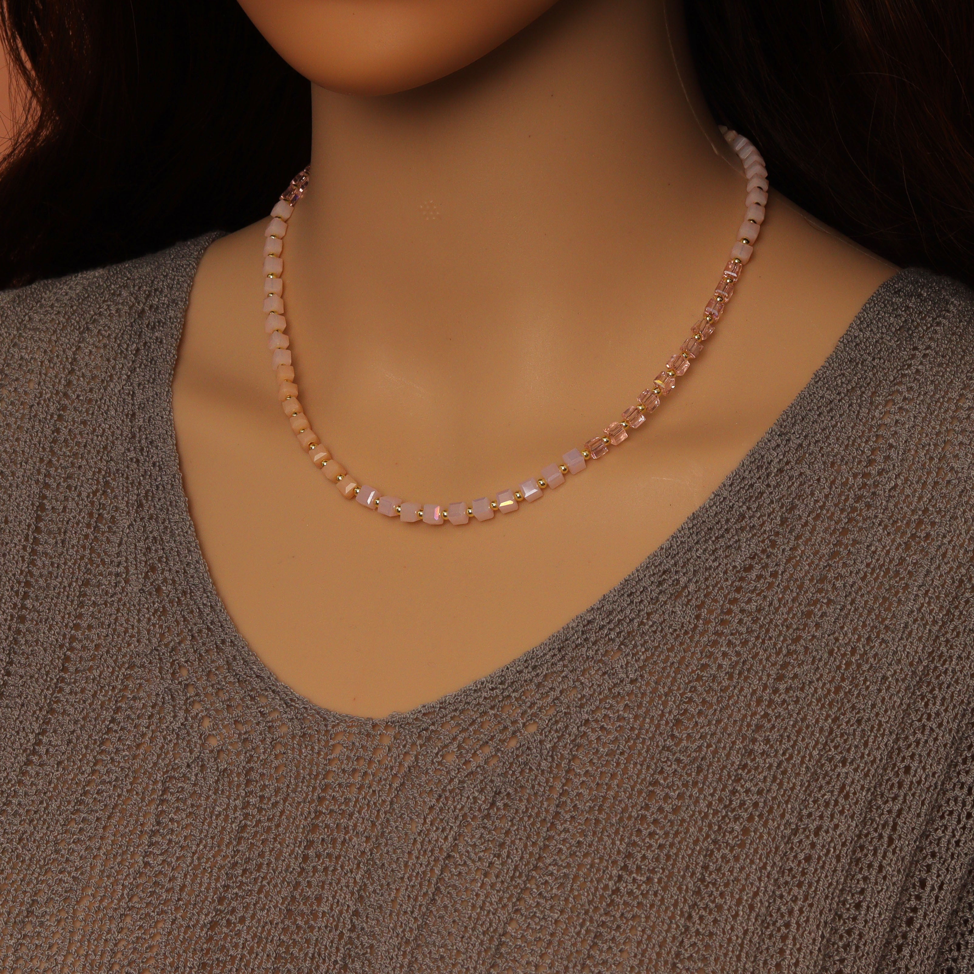 Ombré pink champagne cube bead jewelry set with necklace and bracelet by Bestbeads&Beyond, featuring elegant, colorful cube beads.