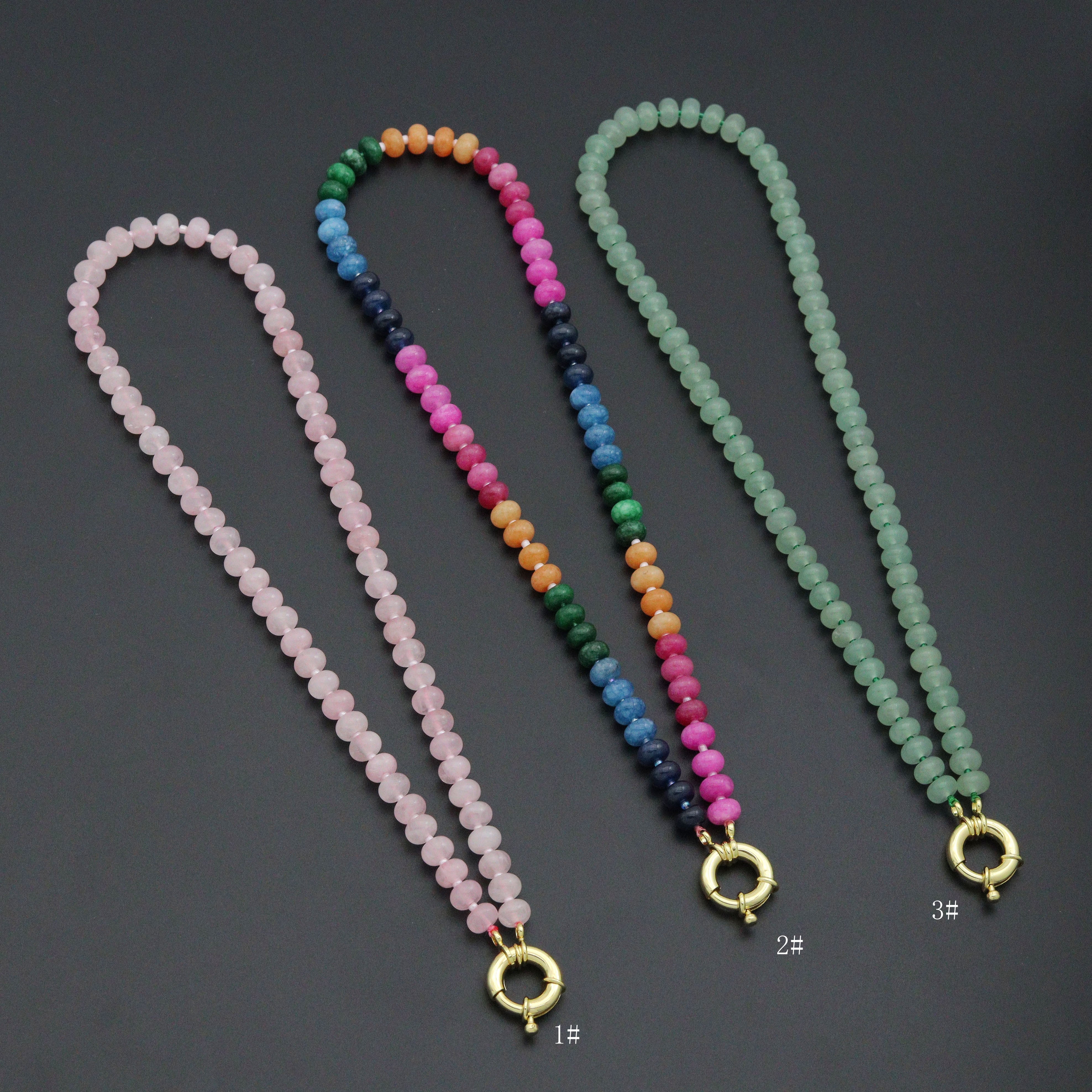 Pink Rainbow Adventure green Roundelle gemstone necklace by Bestbeads&Beyond, featuring vibrant pink and green roundelle gemstones.