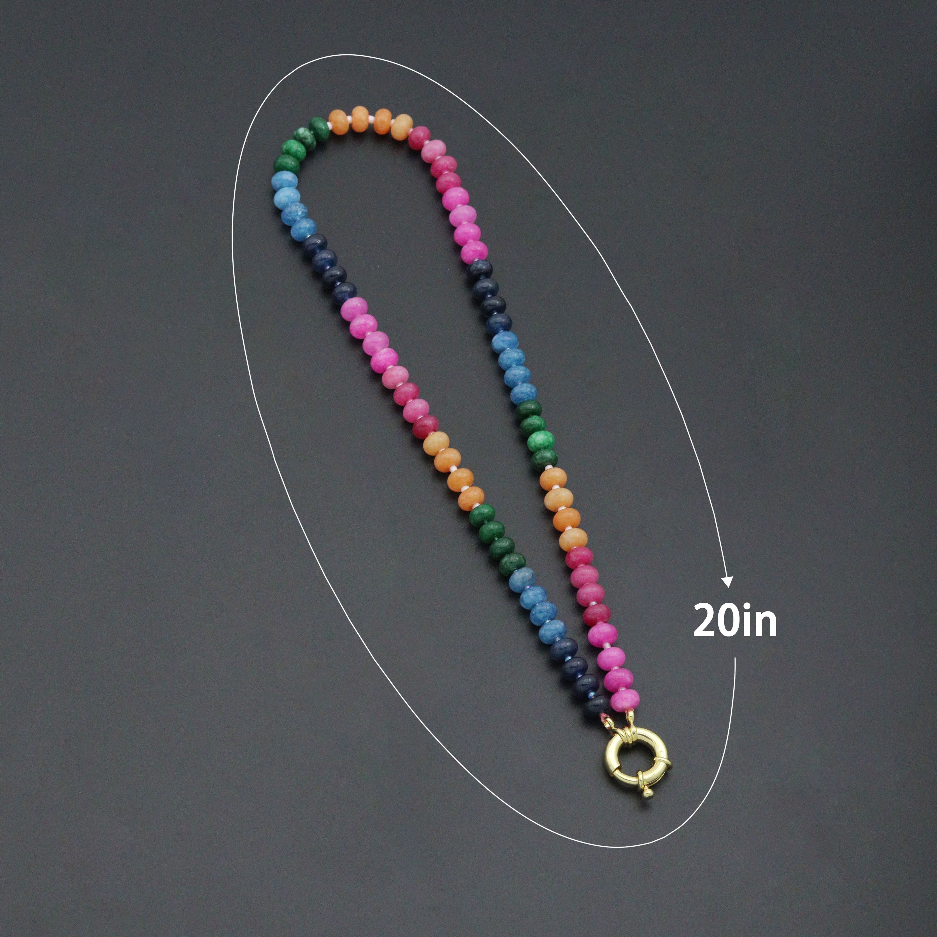 Pink Rainbow Adventure green Roundelle gemstone necklace by Bestbeads&Beyond, featuring vibrant pink, green, and rainbow-colored gemstones.