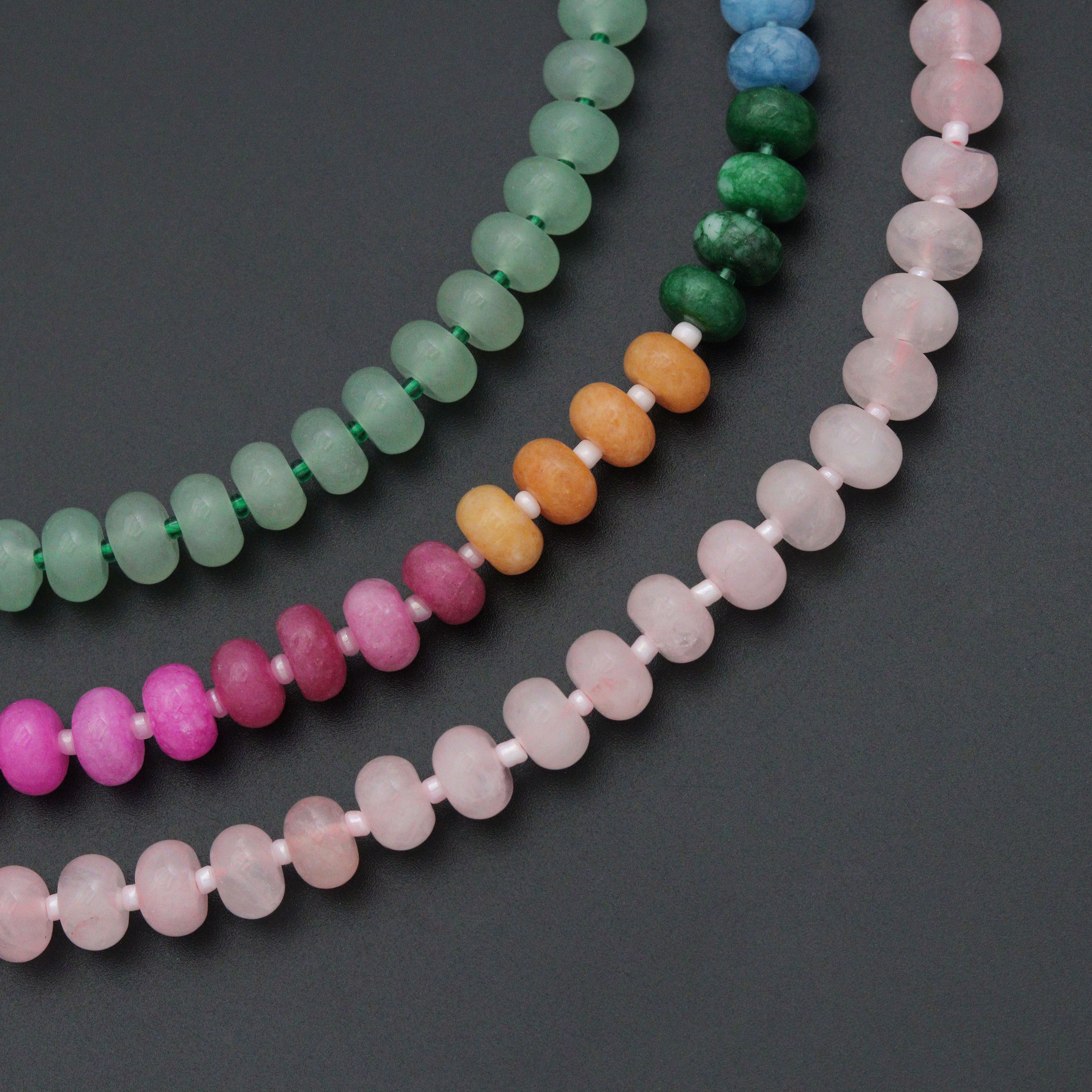 Pink Rainbow adventure green Roundelle gemstone necklace with pink and green beads, crafted by Bestbeads&Beyond.