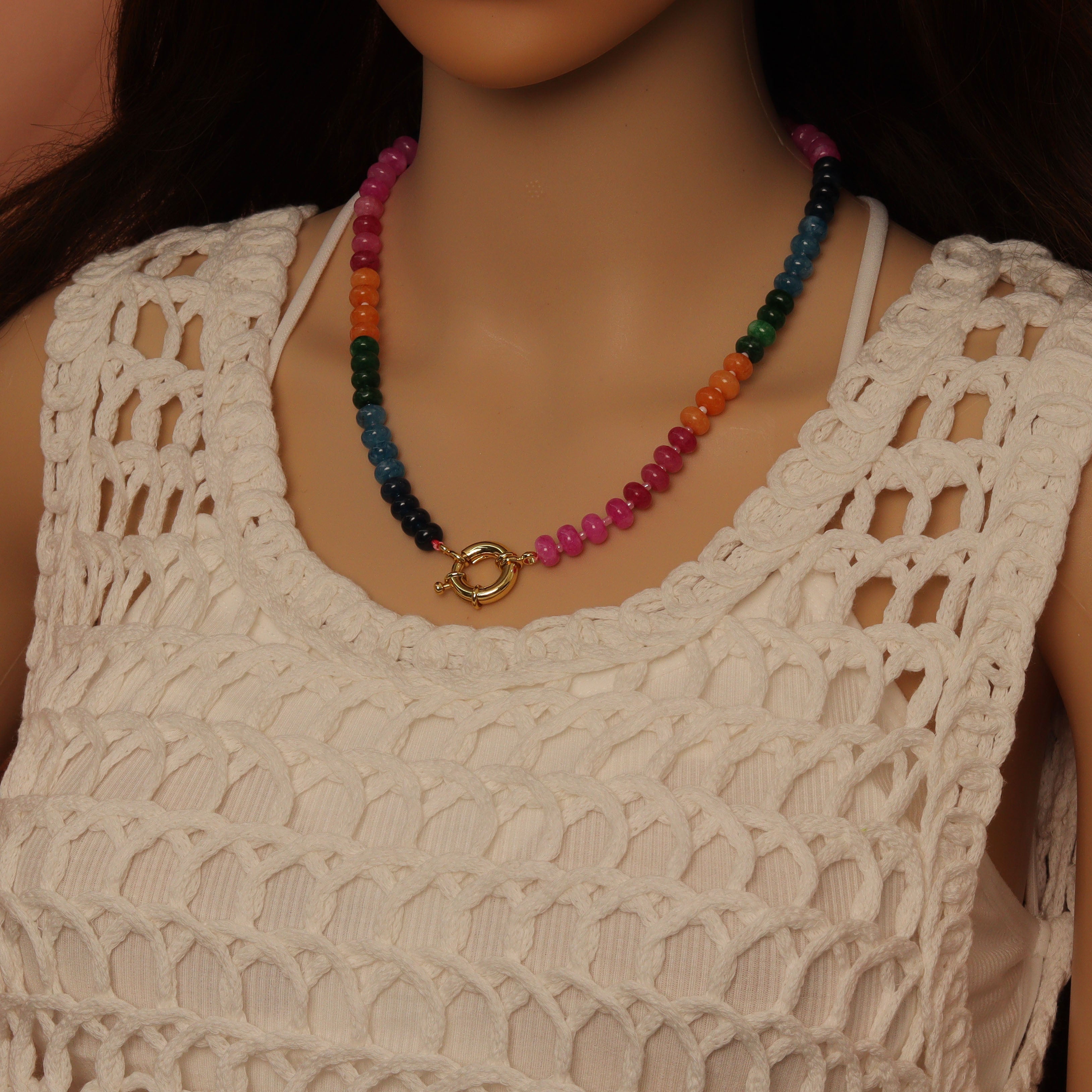 Pink Rainbow Adventure Green Roundelle Gemstone necklace by Bestbeads&Beyond featuring vibrant pink and green gemstones.