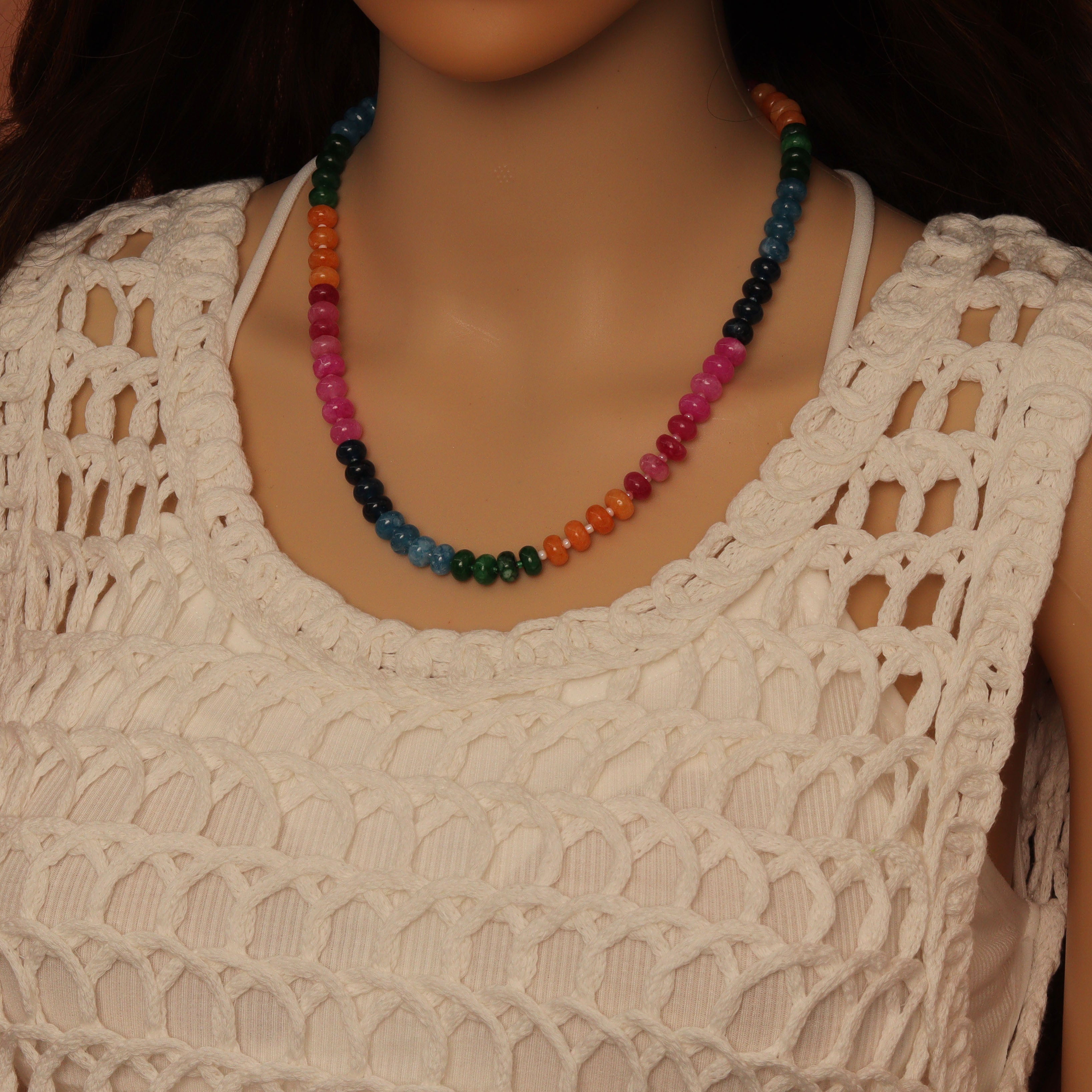 Pink Rainbow Adventure Green Roundelle Gemstone necklace by Bestbeads&Beyond, featuring vibrant pink and green roundelle gemstones.