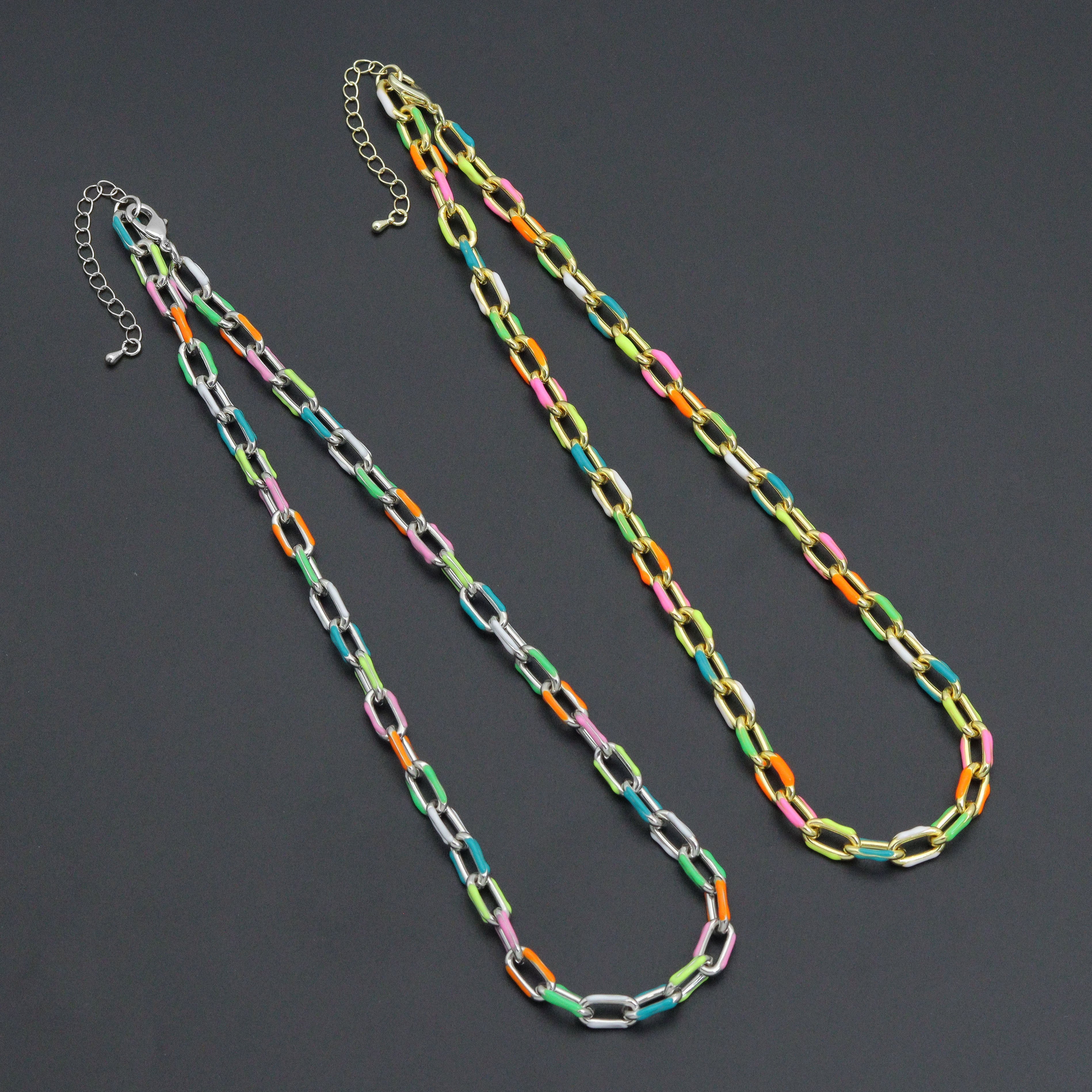 Colorful enamel rectangle link chain necklace in gold and silver by Bestbeads&Beyond, 16-inch with 2-inch extension.
