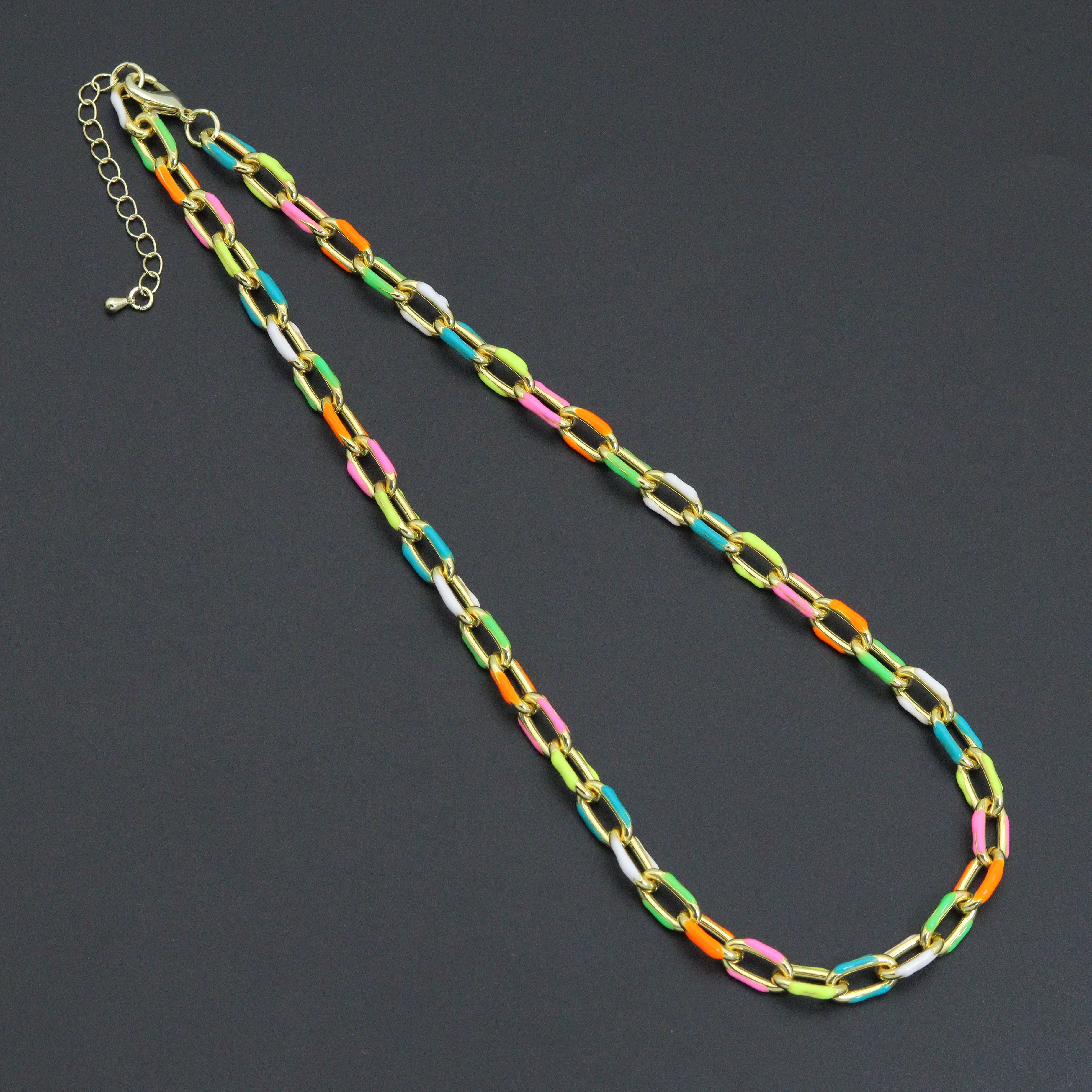 Colorful enamel rectangle link chain necklace in gold and silver tones, 16-inch with 2-inch extension by Bestbeads&Beyond