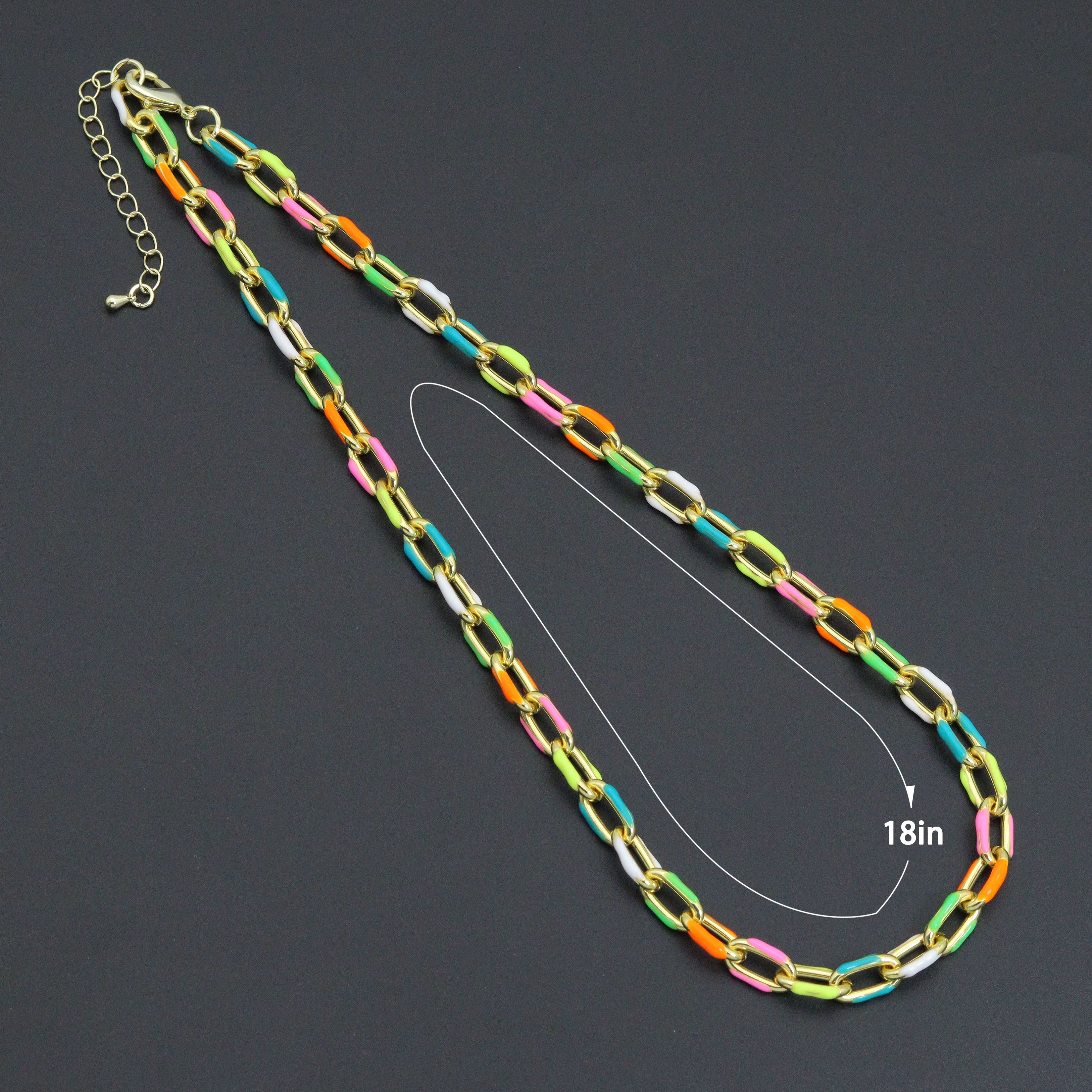Colorful enamel rectangle link chain necklace in gold and silver from Bestbeads&Beyond, 16-inch with 2-inch extension.