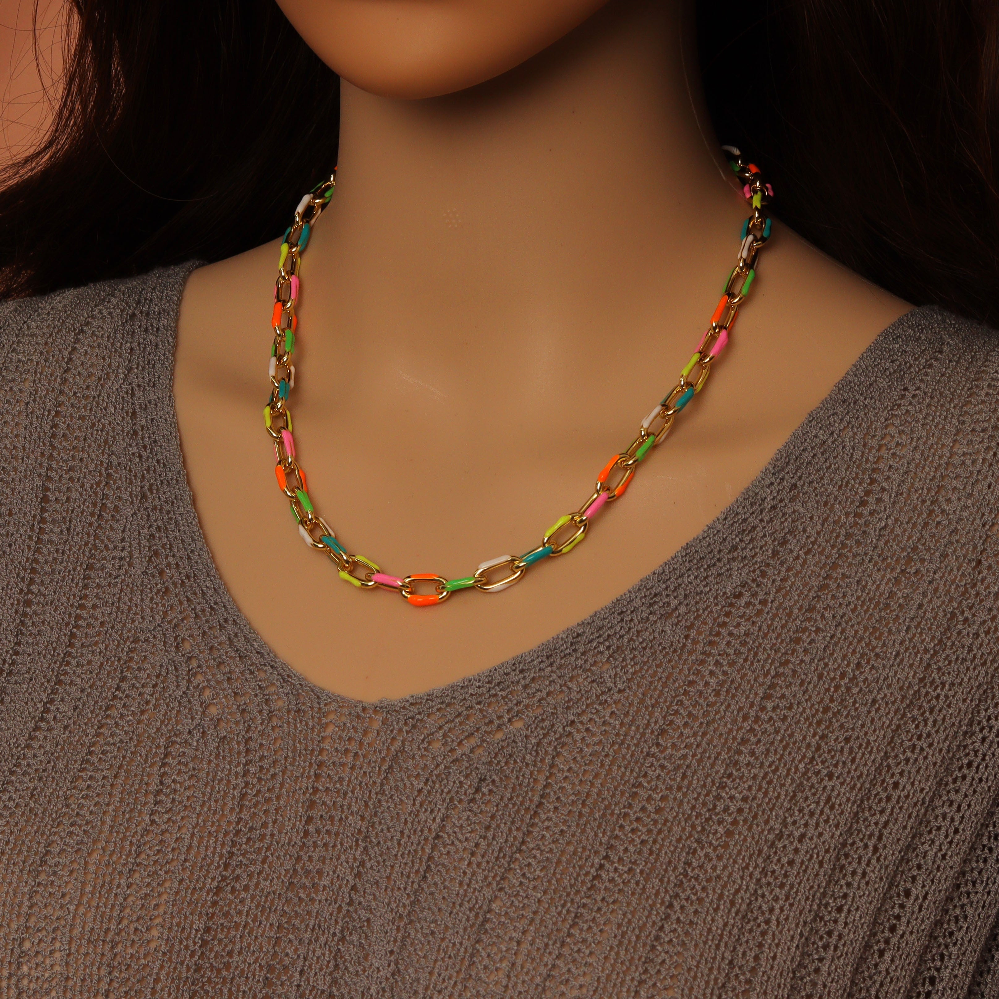 Colorful enamel rectangle link chain necklace in gold and silver tones by Bestbeads&Beyond, 16-inch with 2-inch extension.