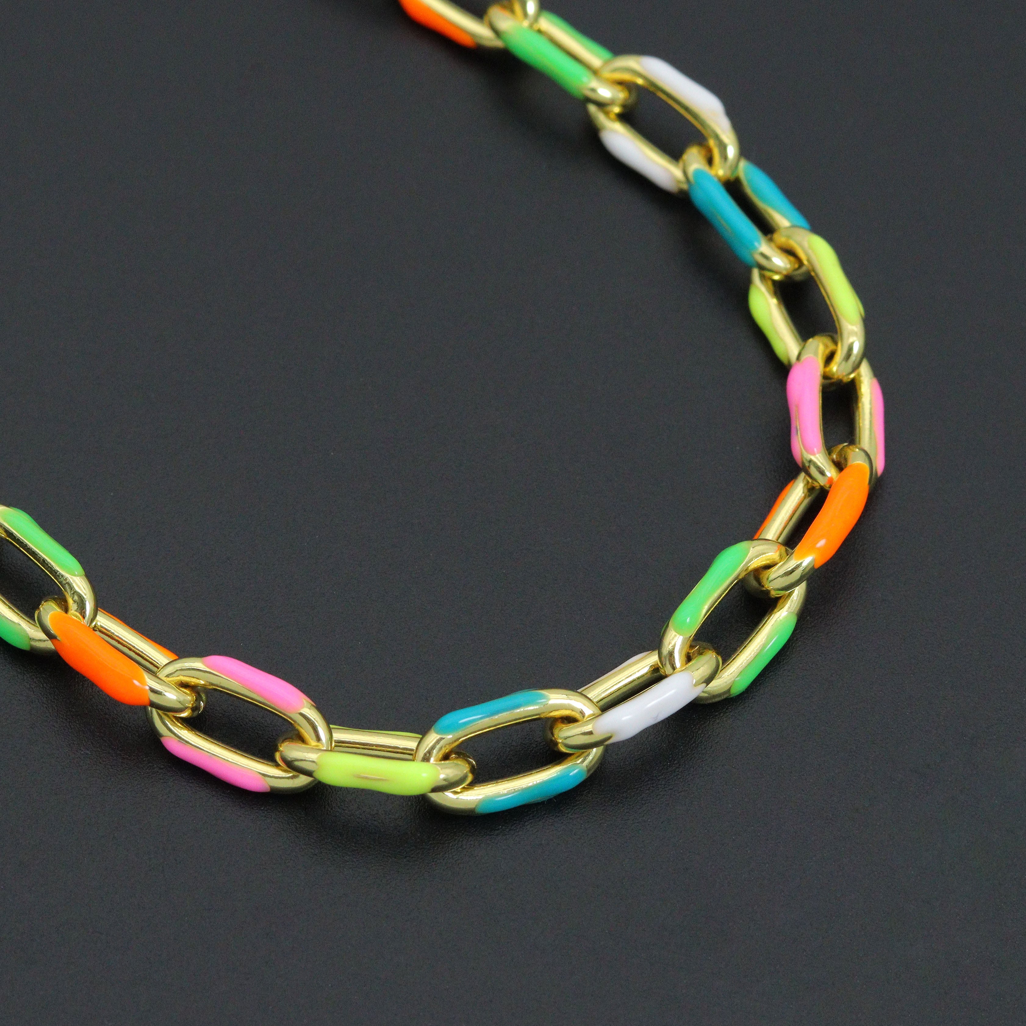 Colorful enamel rectangle link chain necklace in gold and silver from Bestbeads&Beyond, 16-inch with 2-inch extension.