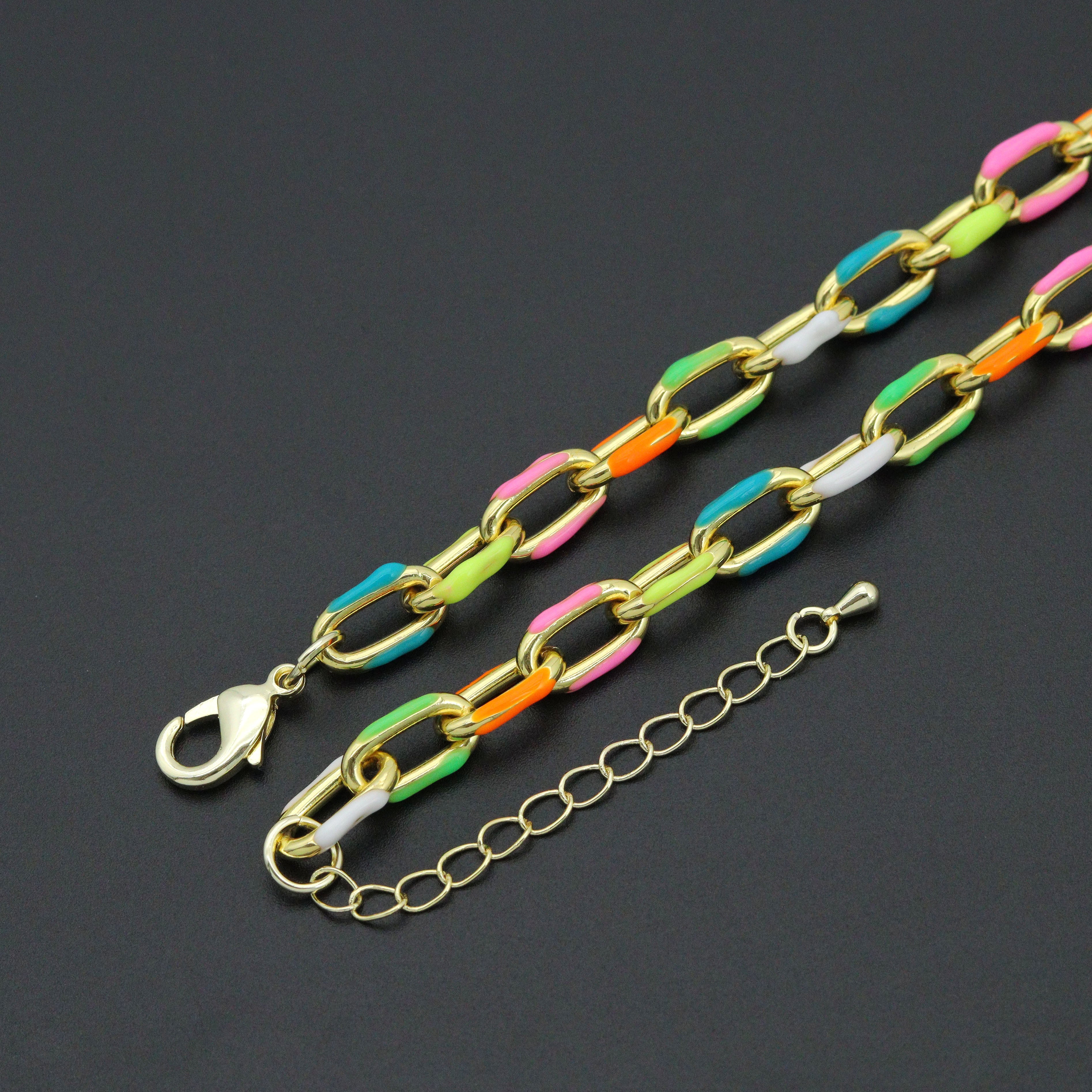 Colorful enamel rectangle link chain necklace in gold and silver tones, 16-inch with 2-inch extension, by Bestbeads&Beyond.