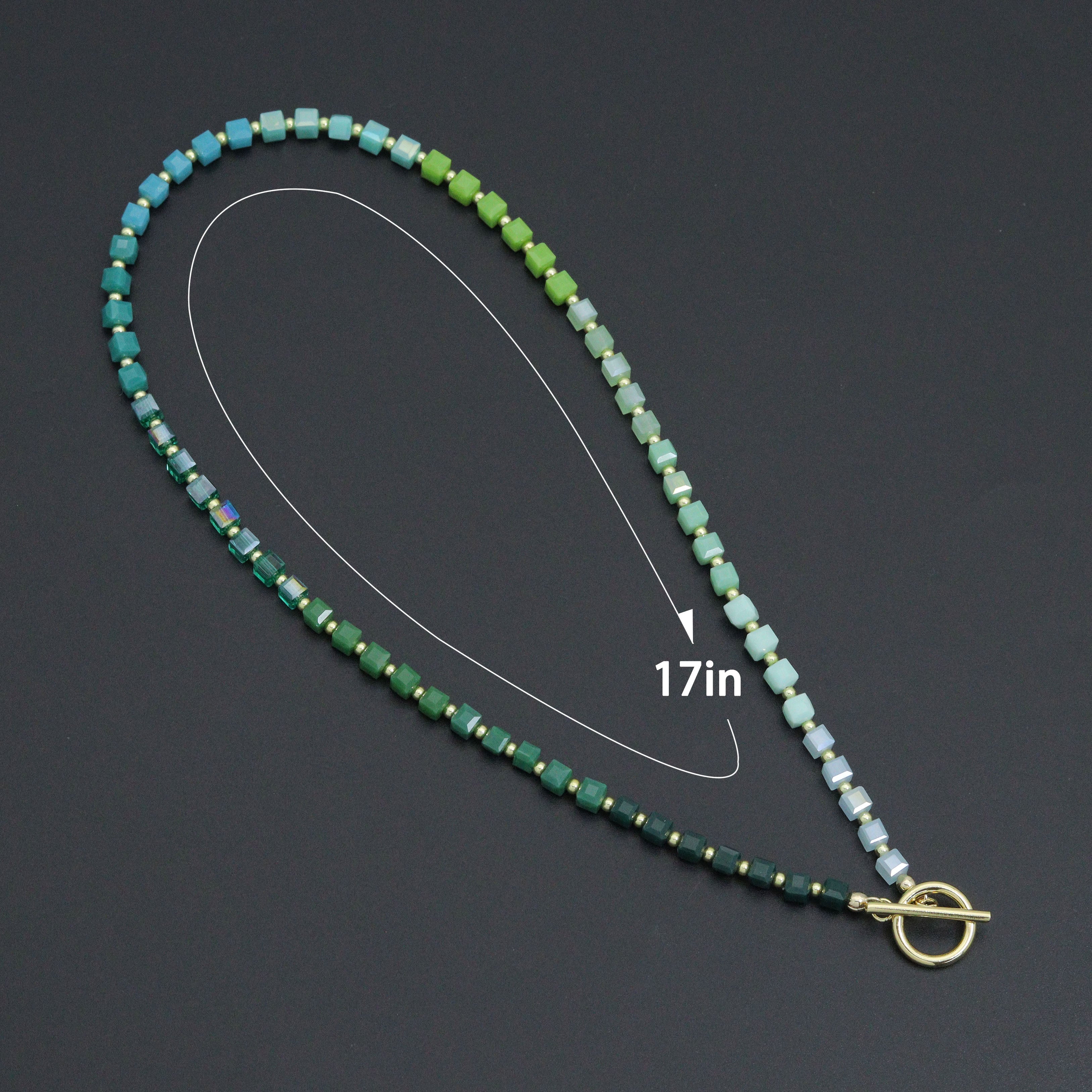 Ombré green cube stone necklace with toggle clasp by Bestbeads & Beyond, featuring vibrant green stones and a secure clasp.
