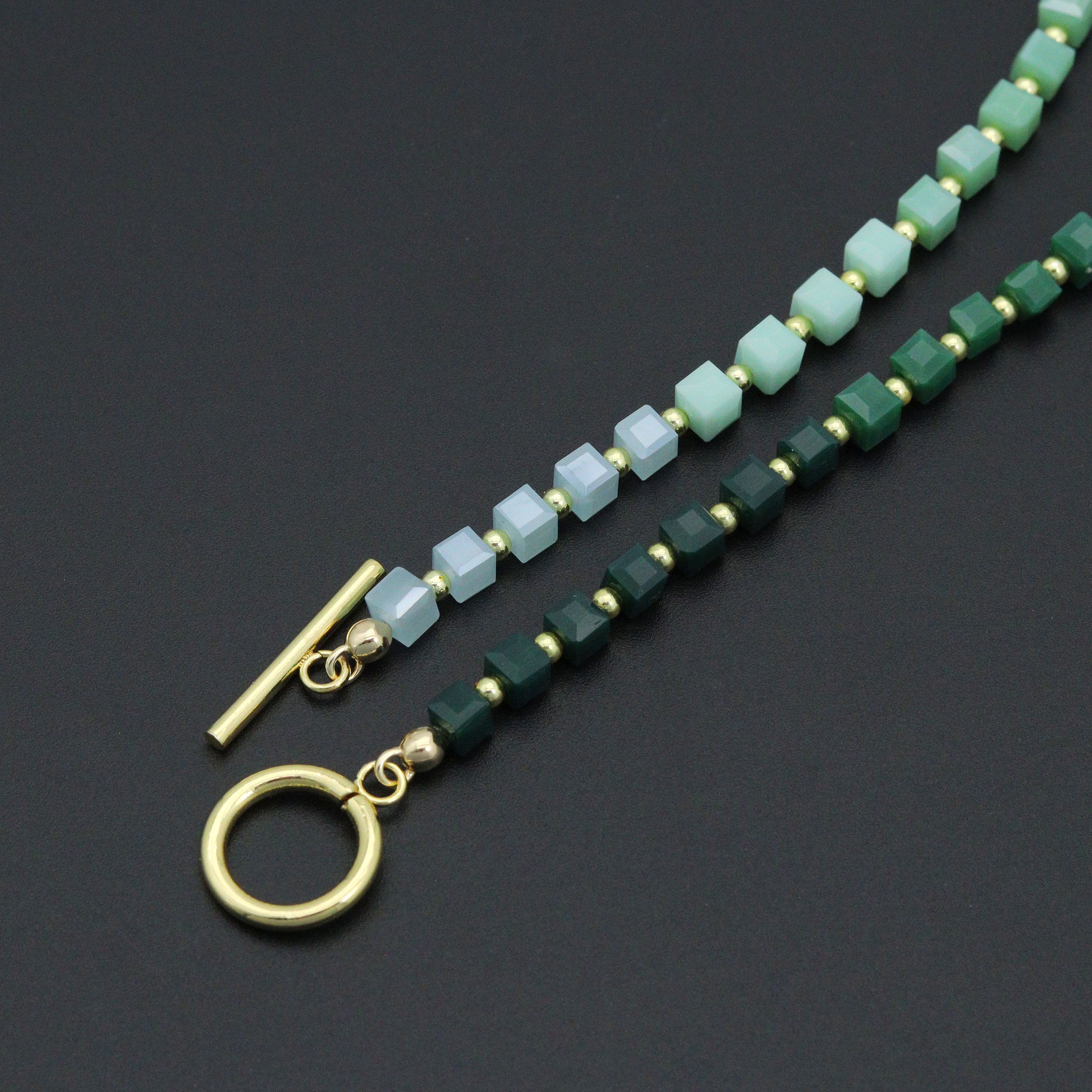 Ombré green cube stone necklace with toggle clasp by Bestbeads&Beyond, featuring a stylish gradient green design.