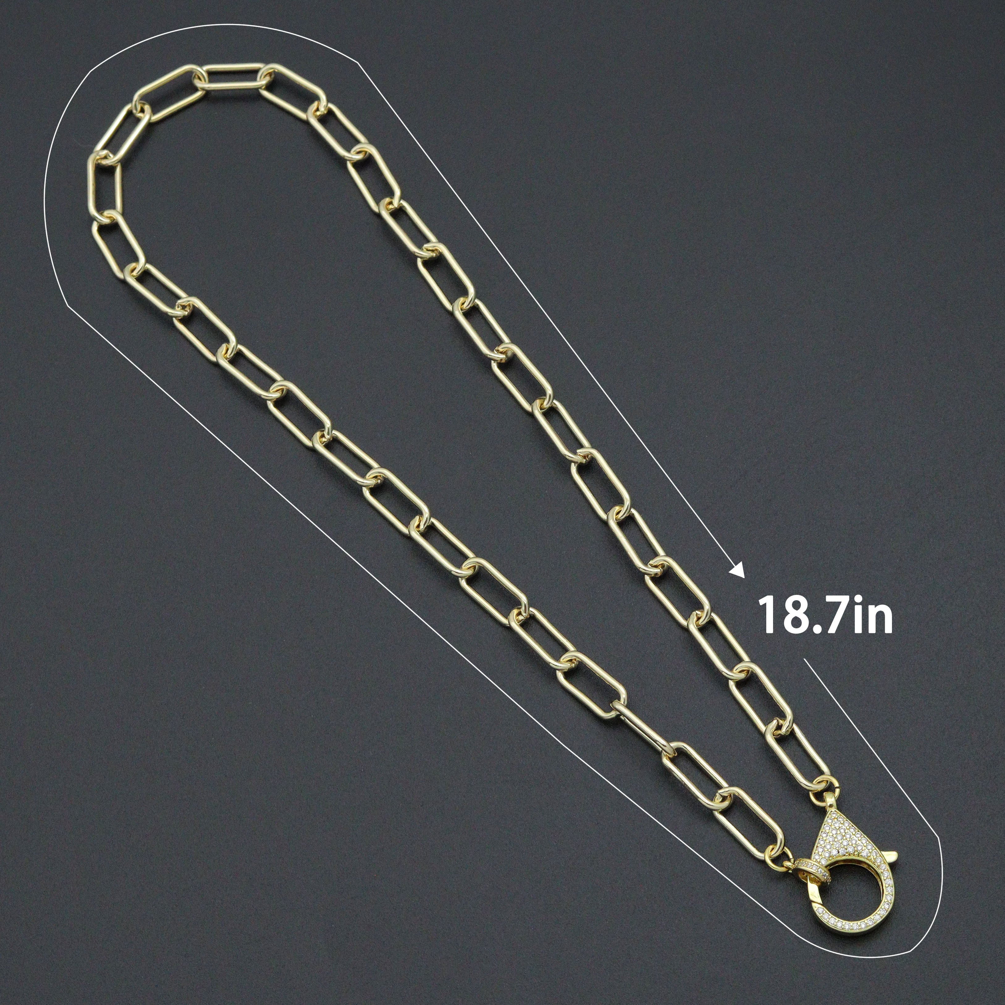 Bestbeads & Beyond paperclip link chain necklace with CZ lobster clasp, close-up of silver-tone jewelry on white background