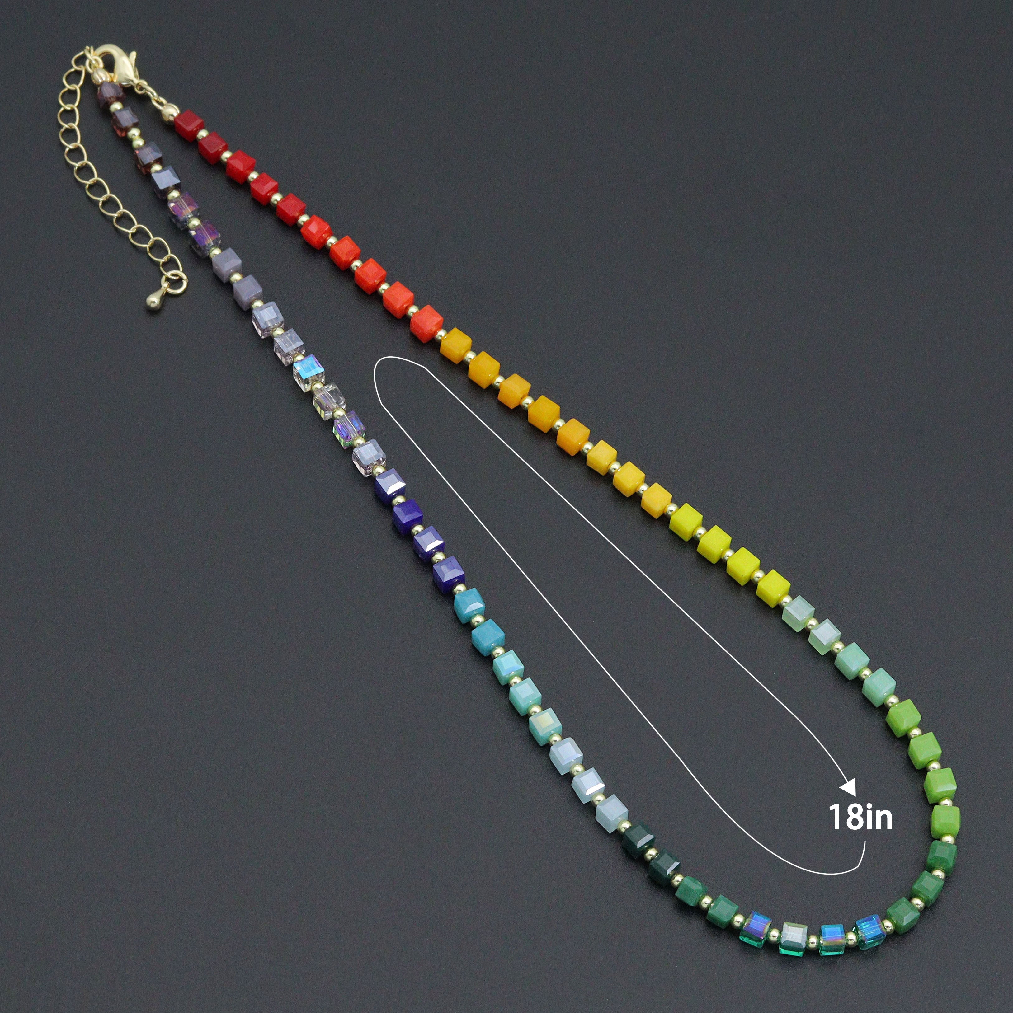 Rainbow Cube Crystal Beads Necklace by Bestbeads & Beyond featuring colorful cube-shaped crystal beads on a stylish necklace.