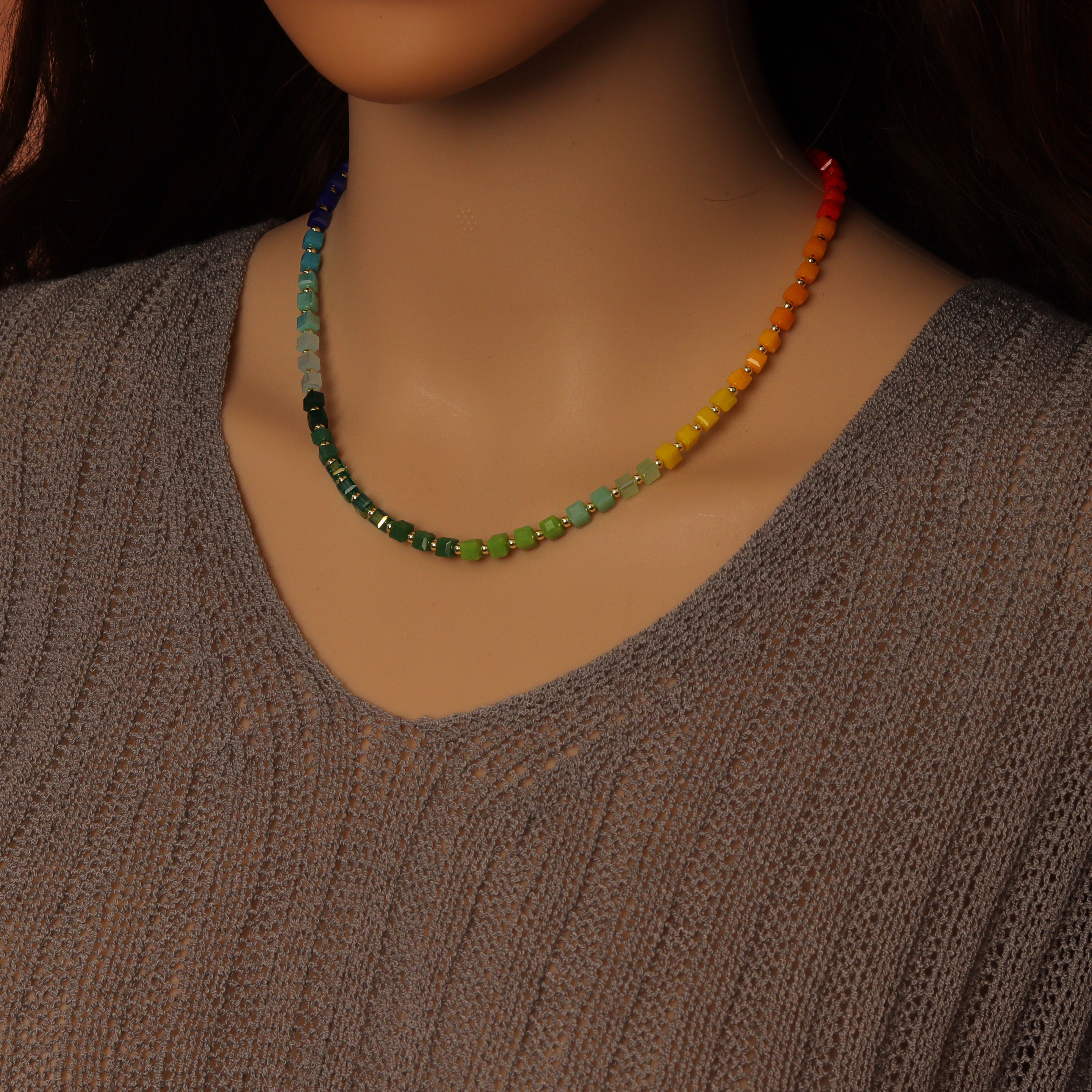 Rainbow Cube Crystal Beads Necklace by Bestbeads & Beyond featuring colorful cube-shaped crystal beads on a stylish necklace.