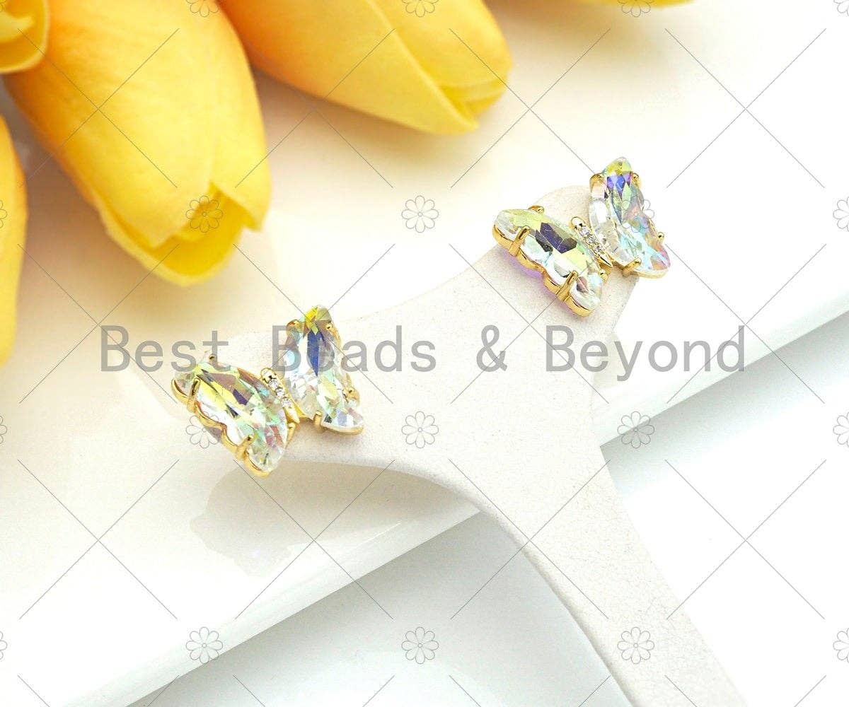 Colorful glass butterfly stud earrings and acrylic butterfly jewelry set with glass quartz earrings, 19x15mm, by Bestbeads&Beyond.