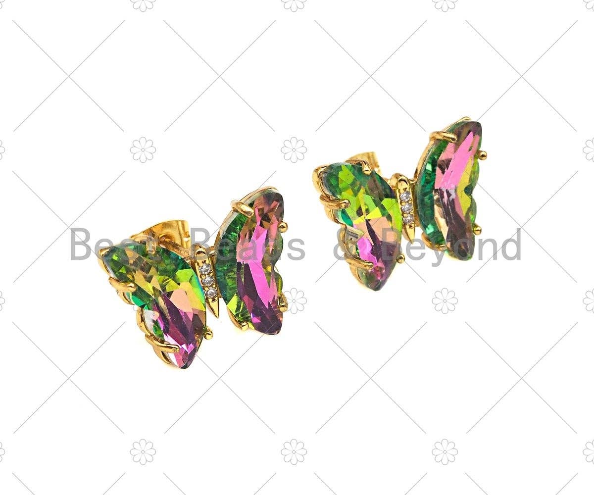 Colorful glass butterfly stud earrings with acrylic accents from Bestbeads&Beyond, 19x15mm, featuring vibrant glass quartz and butterfly design.