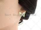 Colorful glass butterfly stud earrings with acrylic accents, 19x15mm, from Bestbeads&Beyond, featuring vibrant glass quartz design.