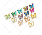 Colorful glass butterfly stud earrings and matching necklace and bracelet set featuring acrylic butterfly accents, 19x15mm.