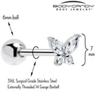 Clear CZ gem open wing butterfly barbell tongue ring by BodyCandy, featuring a shiny gemstone and open wing design for tongue piercing.