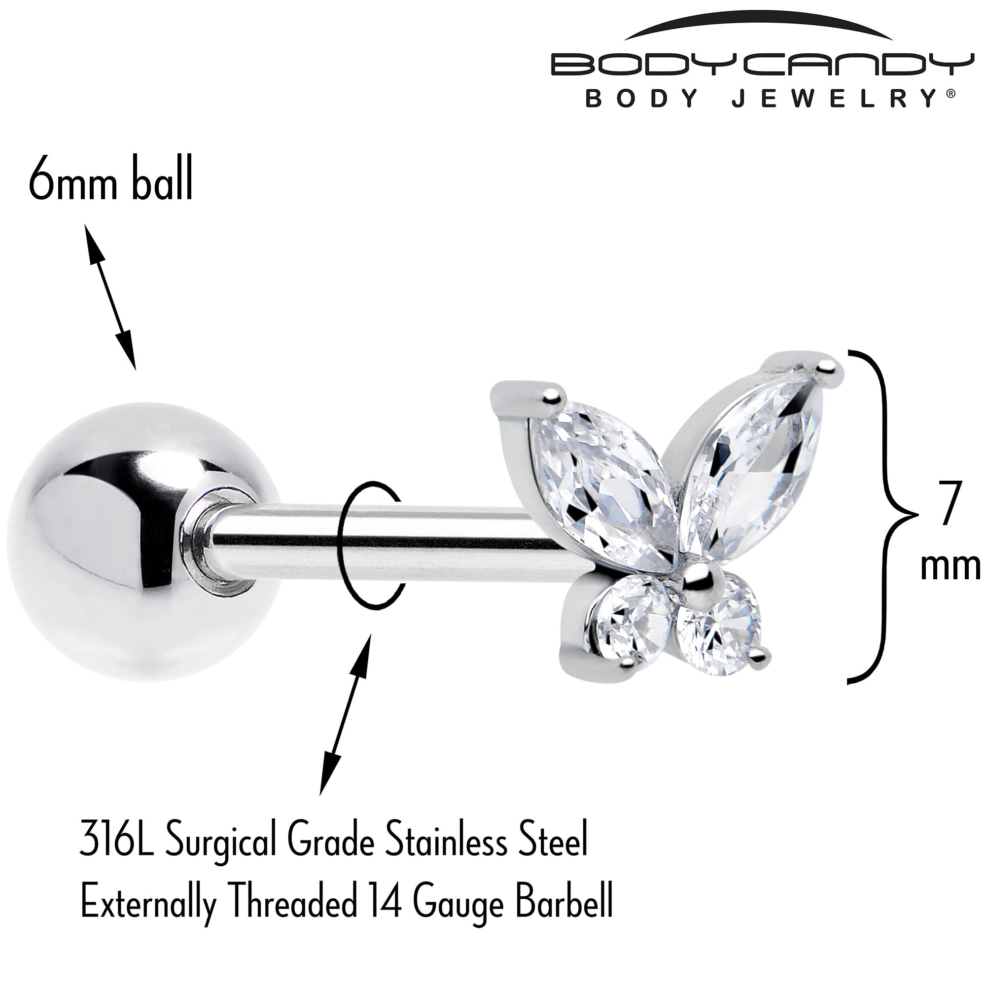 Clear CZ gem open wing butterfly barbell tongue ring by BodyCandy, featuring a shiny gemstone and open wing design for tongue piercing.