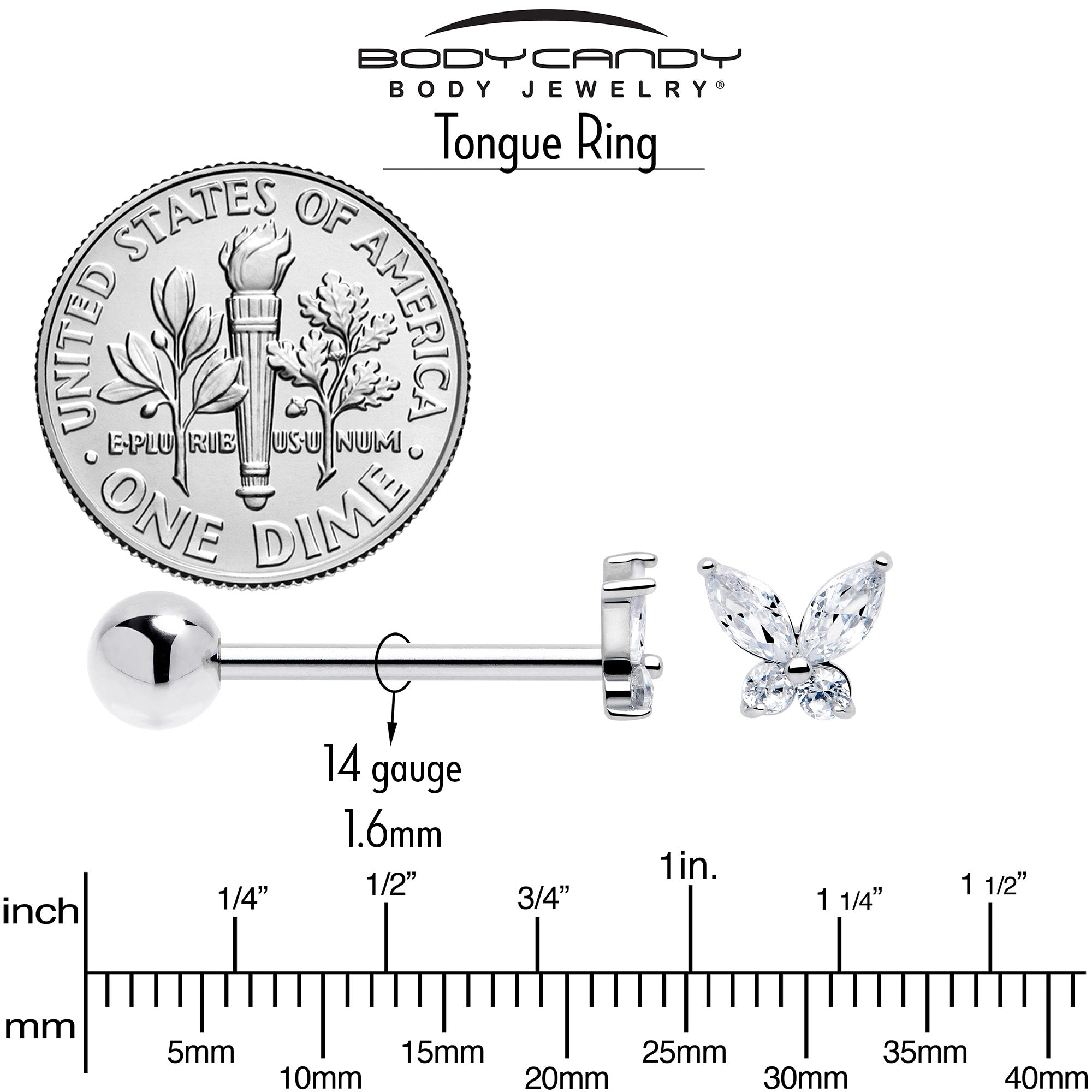 Clear CZ gem open wing butterfly barbell tongue ring by BodyCandy, featuring a sleek design with sparkling gemstone accents.
