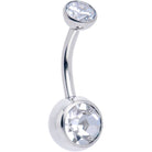 Double CZ implant grade titanium threadless bezel push-in belly ring for body piercing with sparkling stones and sleek design.