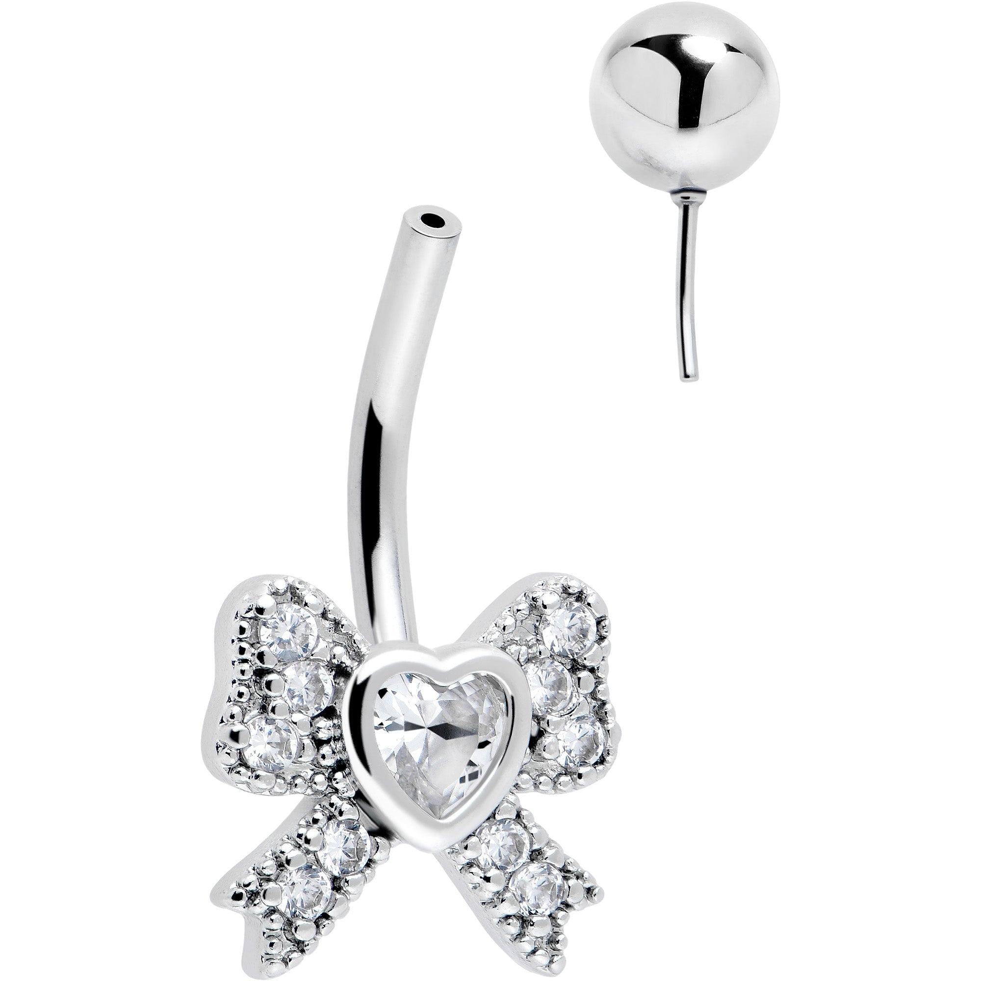 Clear cubic zirconia heart and bow belly ring by BodyCandy, shiny stainless steel body jewelry for navel piercing.