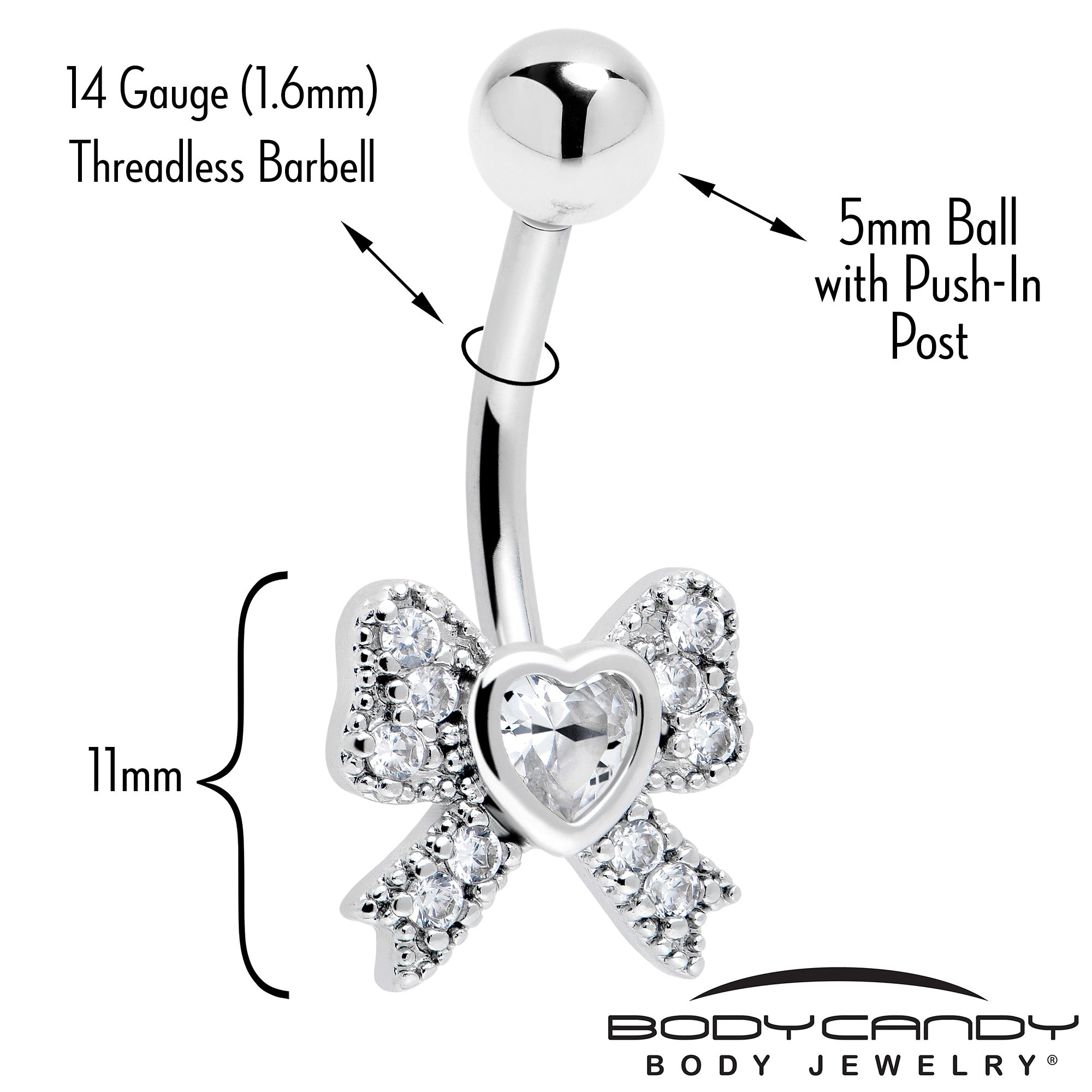 Clear cubic zirconia heart bow belly ring by BodyCandy featuring a shiny heart-shaped charm and sleek gold body jewelry.