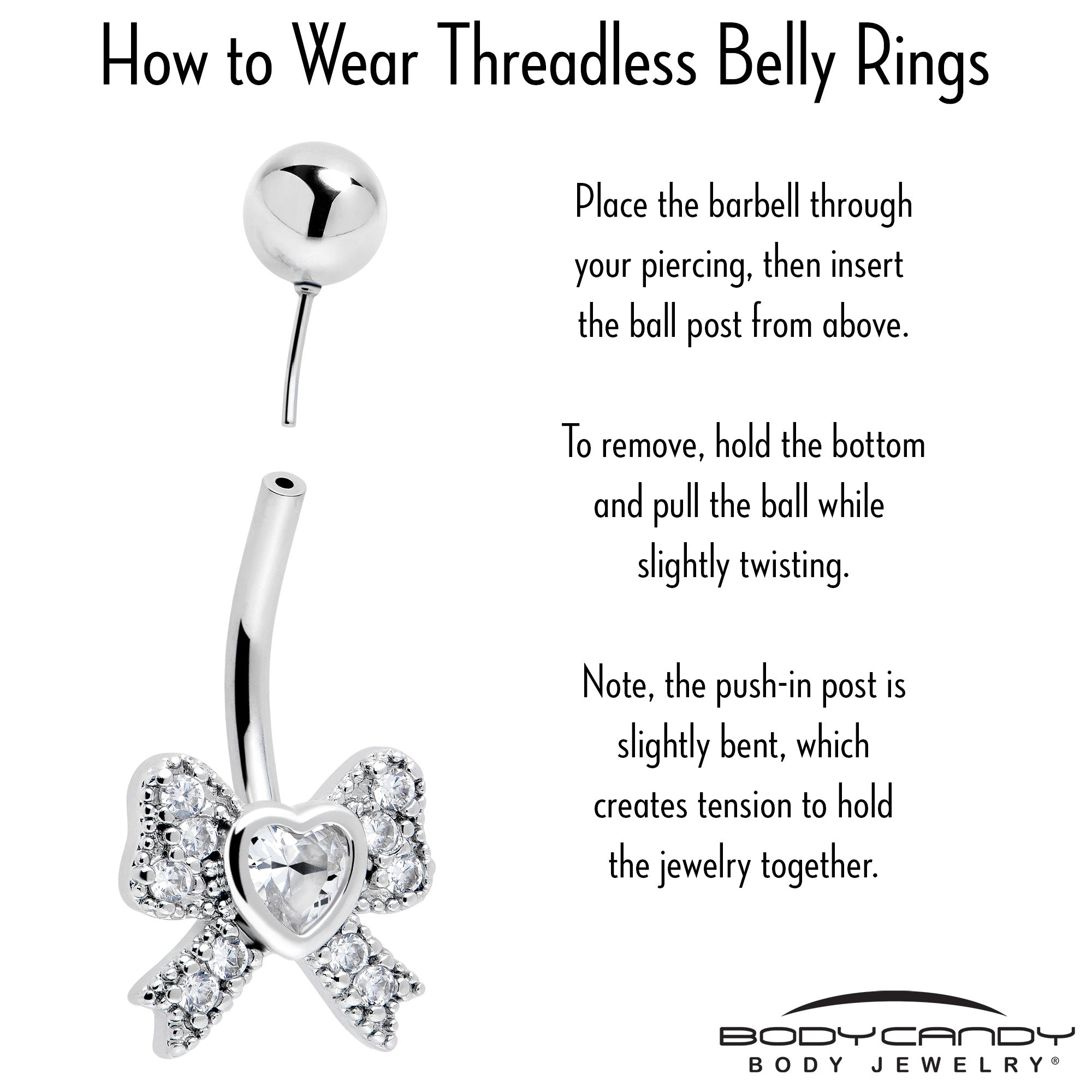 Clear cubic zirconia heart bow belly ring by BodyCandy, shiny silver-tone belly jewelry with a decorative heart-shaped charm.