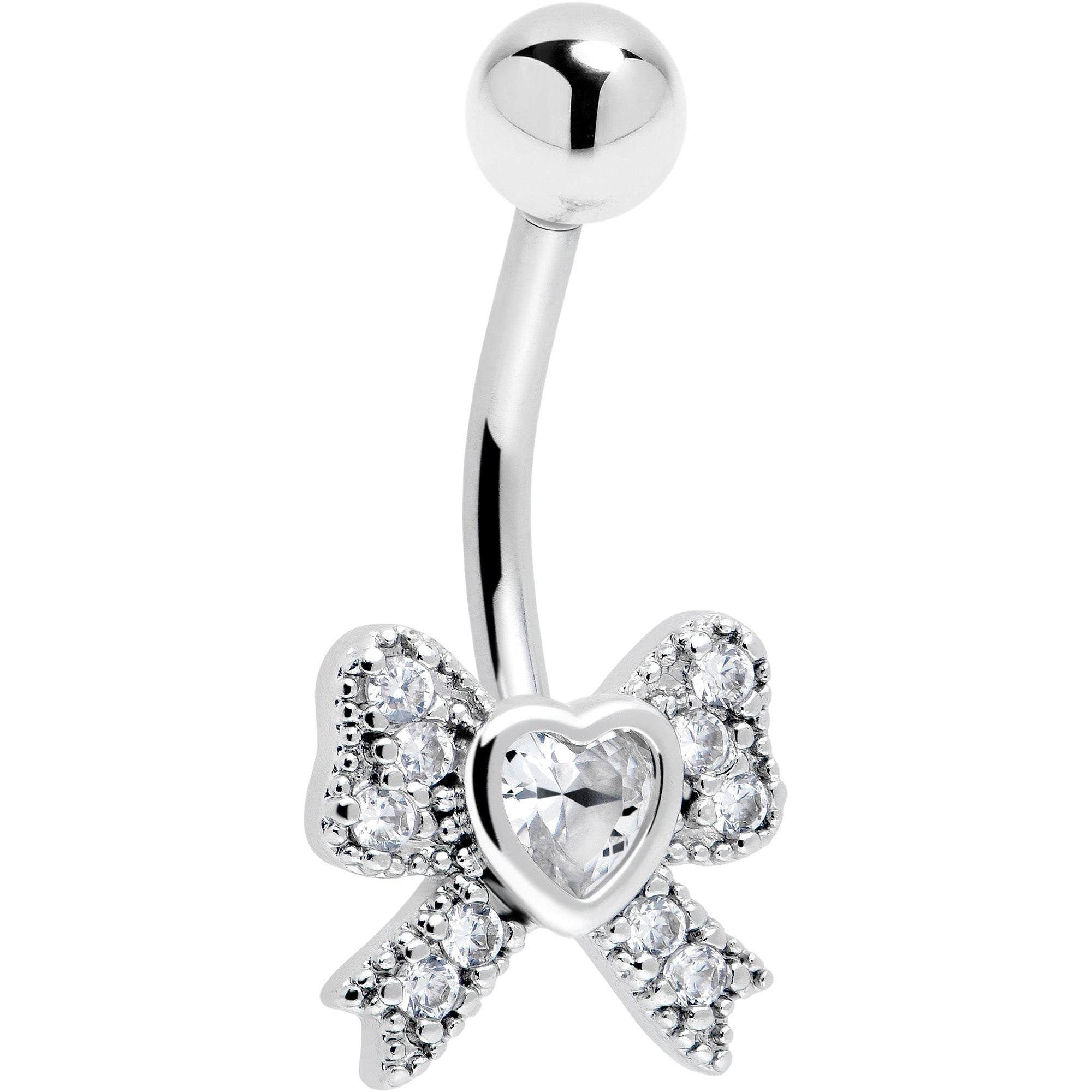 Clear cubic zirconia heart bow belly ring by BodyCandy, featuring a shiny heart-shaped design on a silver-tone belly jewelry piece.
