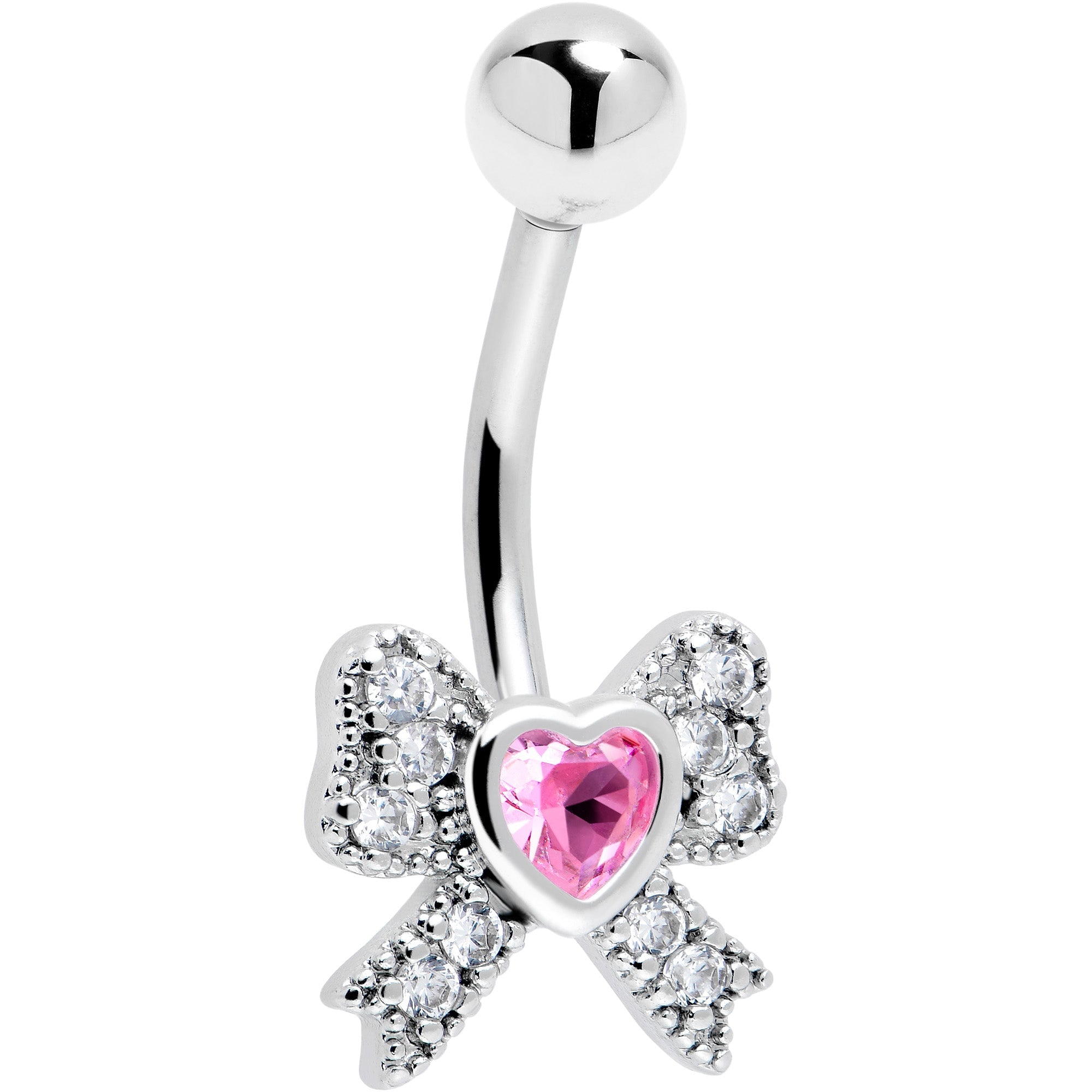 Clear cubic zirconia heart bow belly ring from BodyCandy with a shiny, decorative design perfect for body jewelry.
