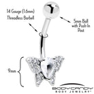 Clear cubic zirconia butterfly belly ring by BodyCandy featuring a shiny, decorative butterfly design on a metal hoop.