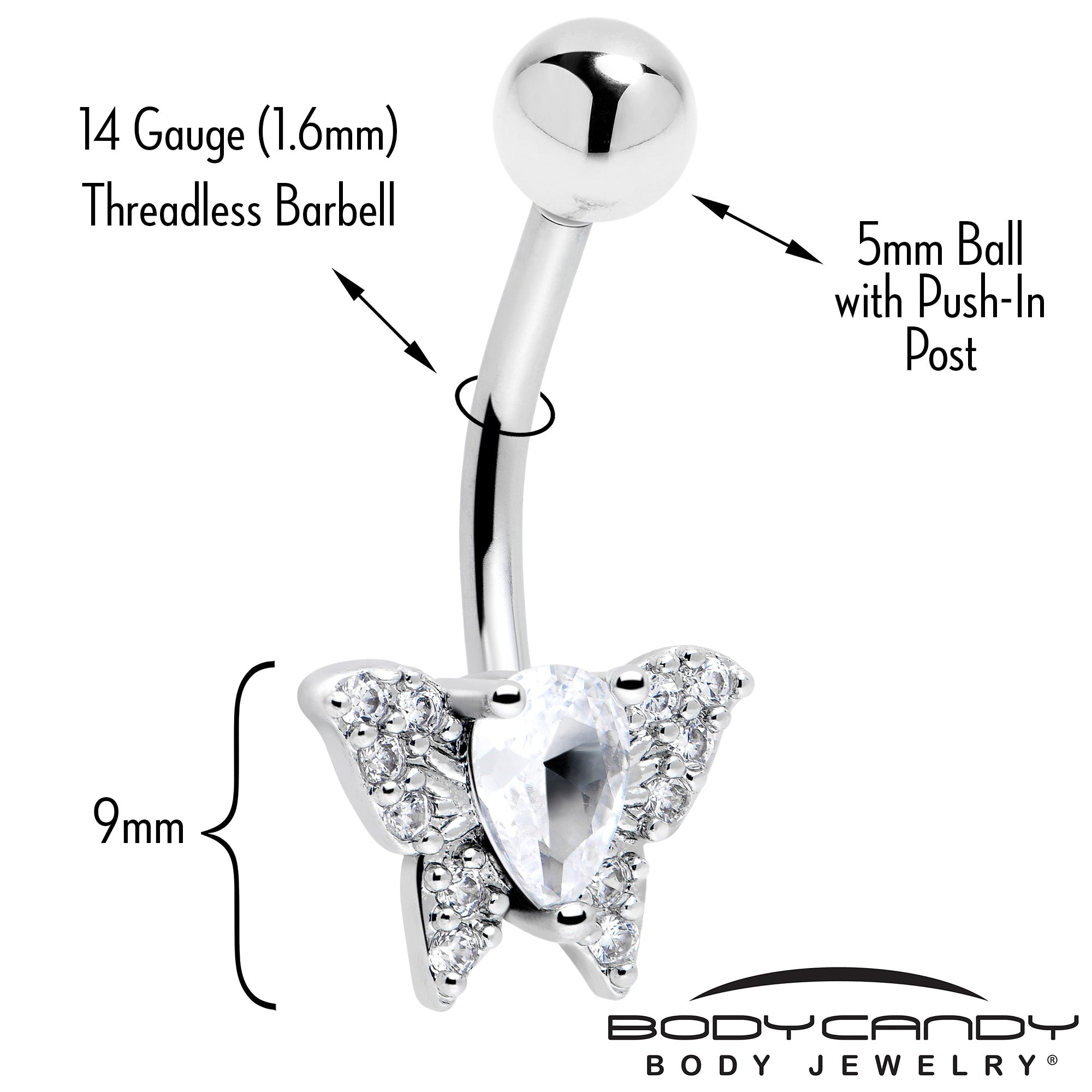 Clear cubic zirconia butterfly belly ring by BodyCandy featuring a shiny, decorative butterfly design on a metal hoop.