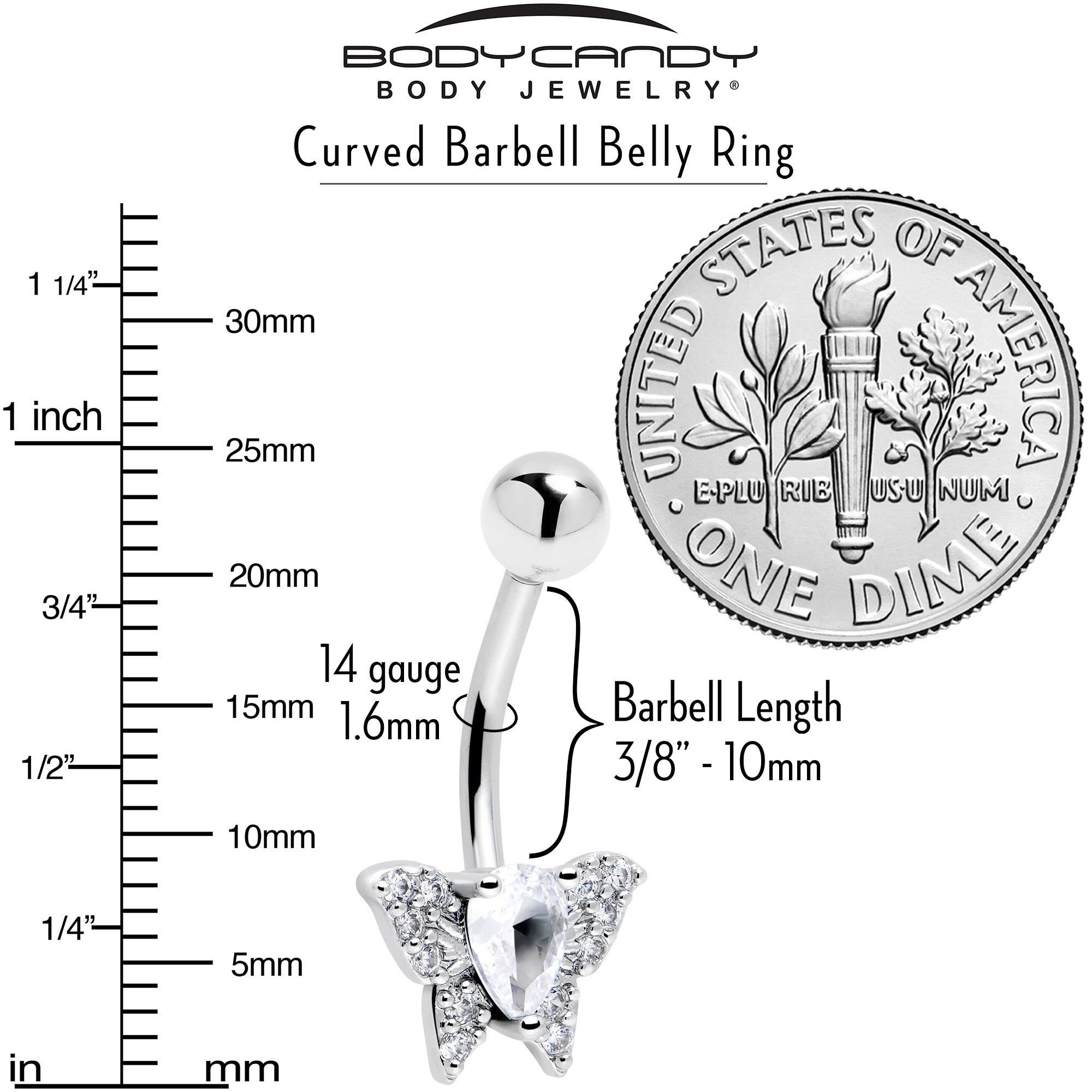 Clear cubic zirconia butterfly belly ring by BodyCandy, shiny metal body jewelry with detailed butterfly design.