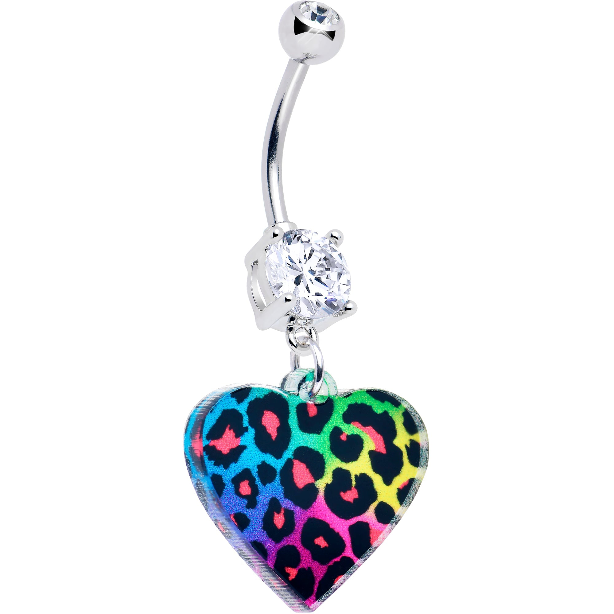 Acrylicious Rainbow Cheetah Print Heart Dangle Belly Ring by Onyx O, featuring a colorful cheetah pattern and heart-shaped charm.