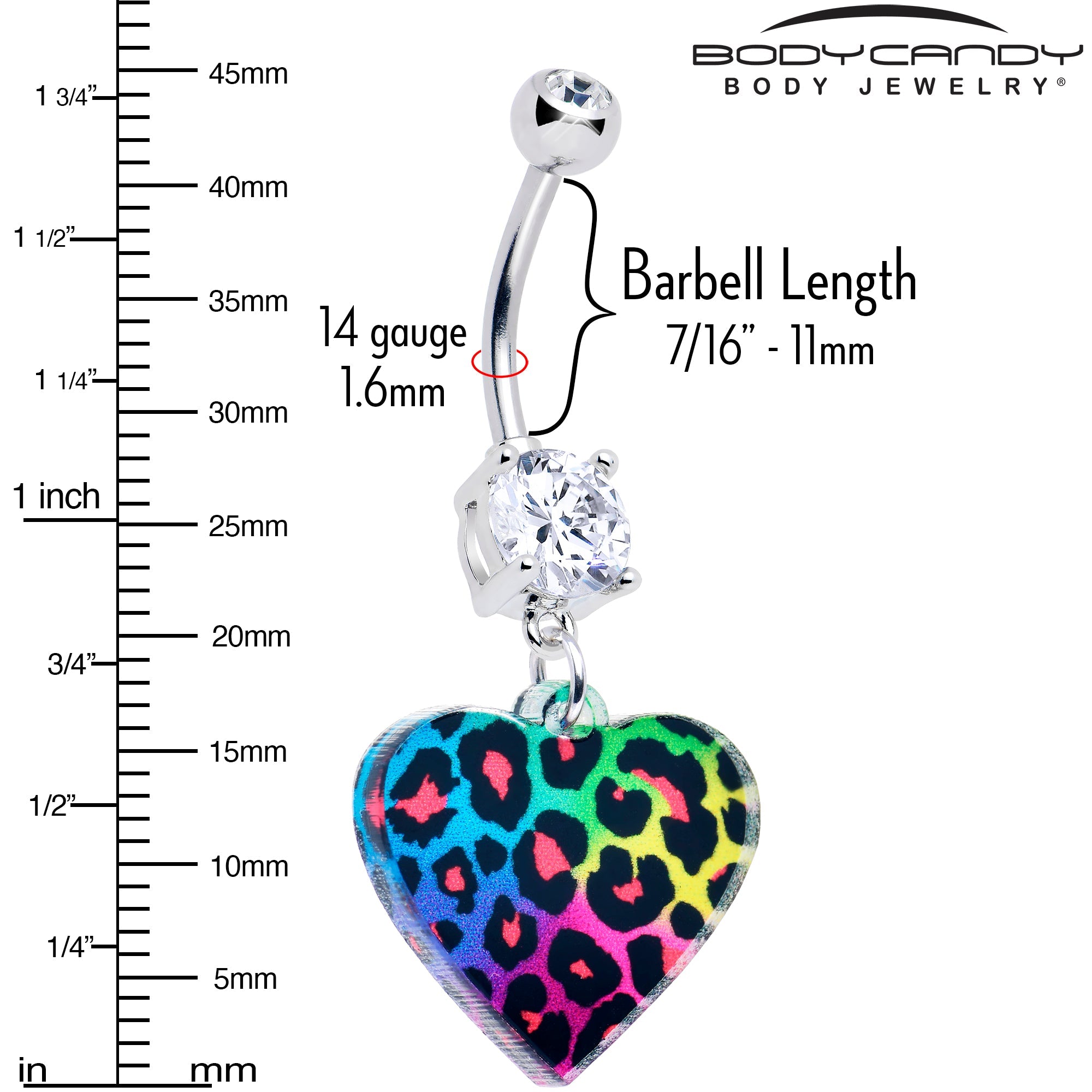 Acrylicious Rainbow Cheetah Print Heart Dangle Belly Ring by Onyx O, featuring a colorful heart-shaped charm and cheetah print design.