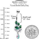 Aurora CZ Gem Morning Leaves Dangle Belly Ring by BodyCandy showing a silver belly ring with leaf-shaped CZ gemstones and dangling leaf charms