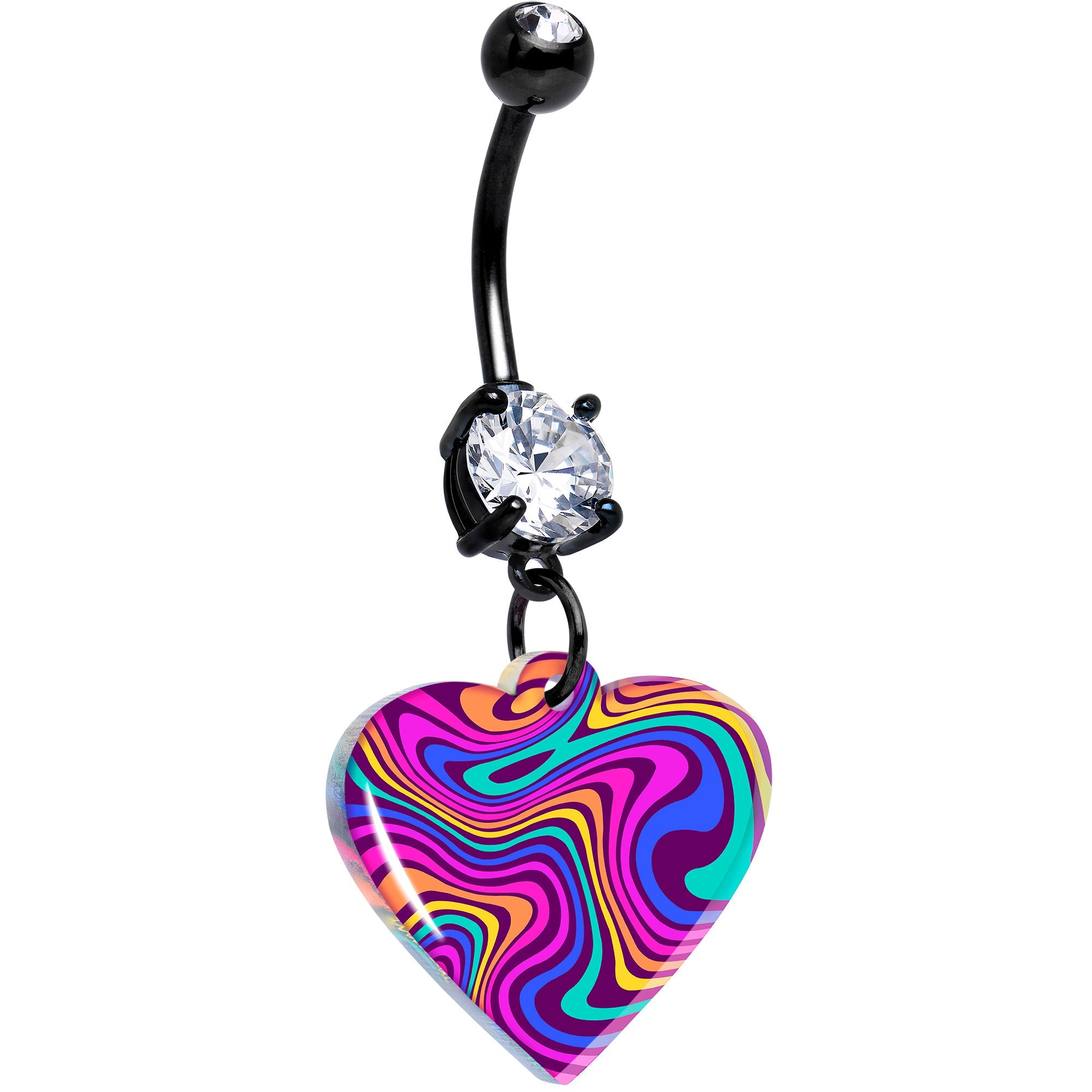 Black double gem swirling heart dangle belly ring by Onyx O, BodyCandy, featuring a stylish and decorative belly jewelry design.