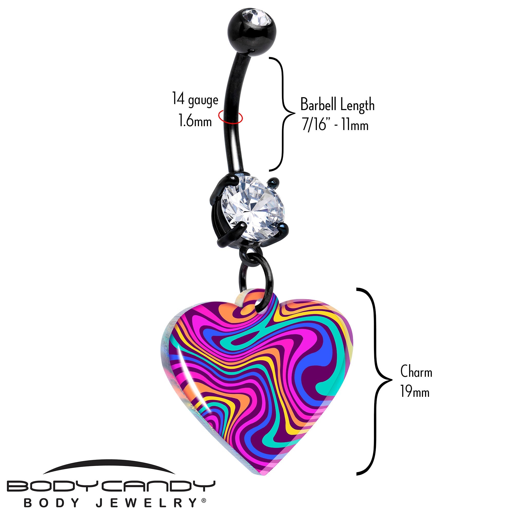 Black double gem swirling heart dangle belly ring by Onyx O, stylish body jewelry with intricate design and sparkling gems.