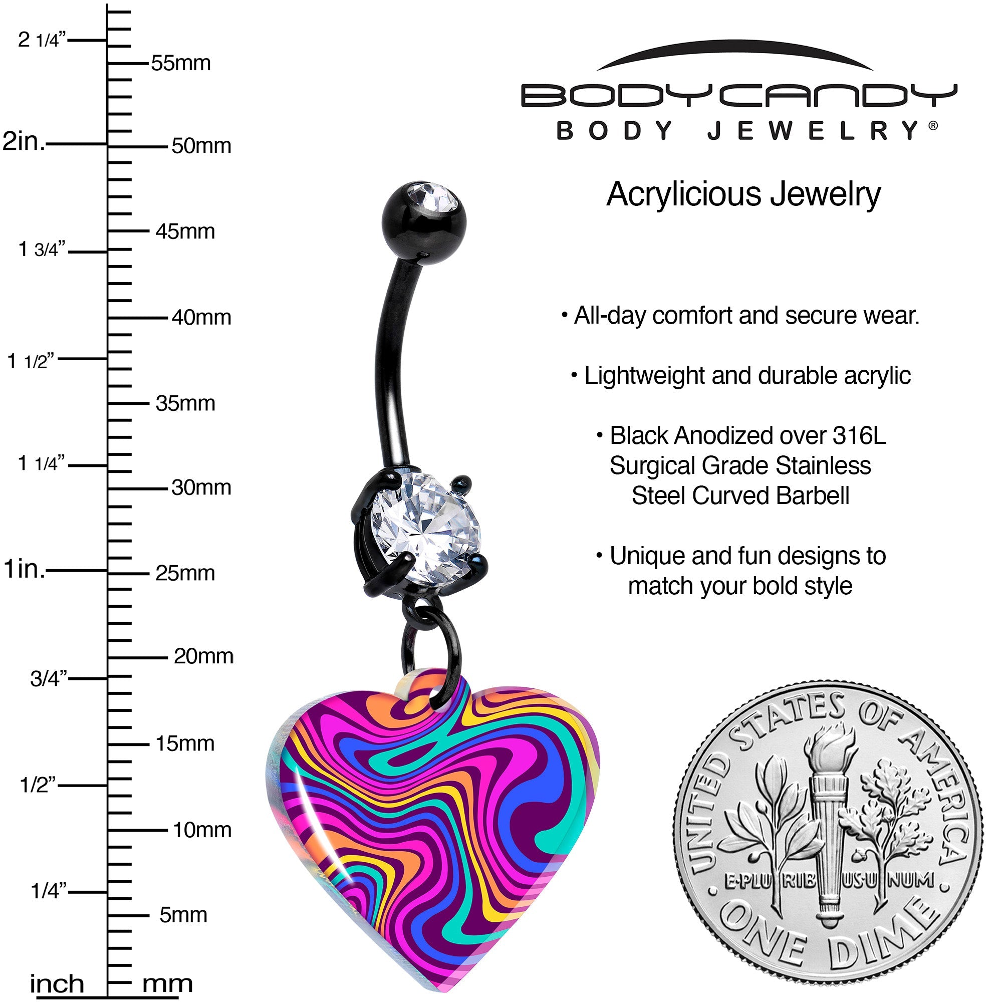 Black double gem swirling heart dangle belly ring by BodyCandy, featuring a stylish dangle design and heart-shaped accents.