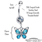Blue gem butterfly dangle belly ring by BodyCandy featuring sparkling blue gemstone and intricate butterfly design.