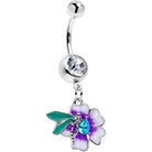 Blue gem faerie flower dangle belly ring from BodyCandy with purple floral design and decorative dangle, suitable for belly piercing.